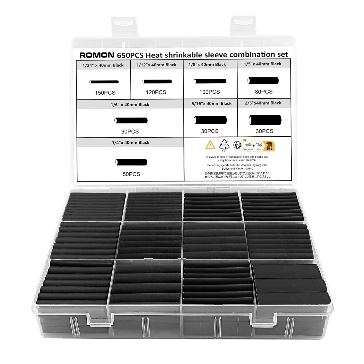 Romon 650 Pezzi Guaina Termorestringente Nera - immagine 1