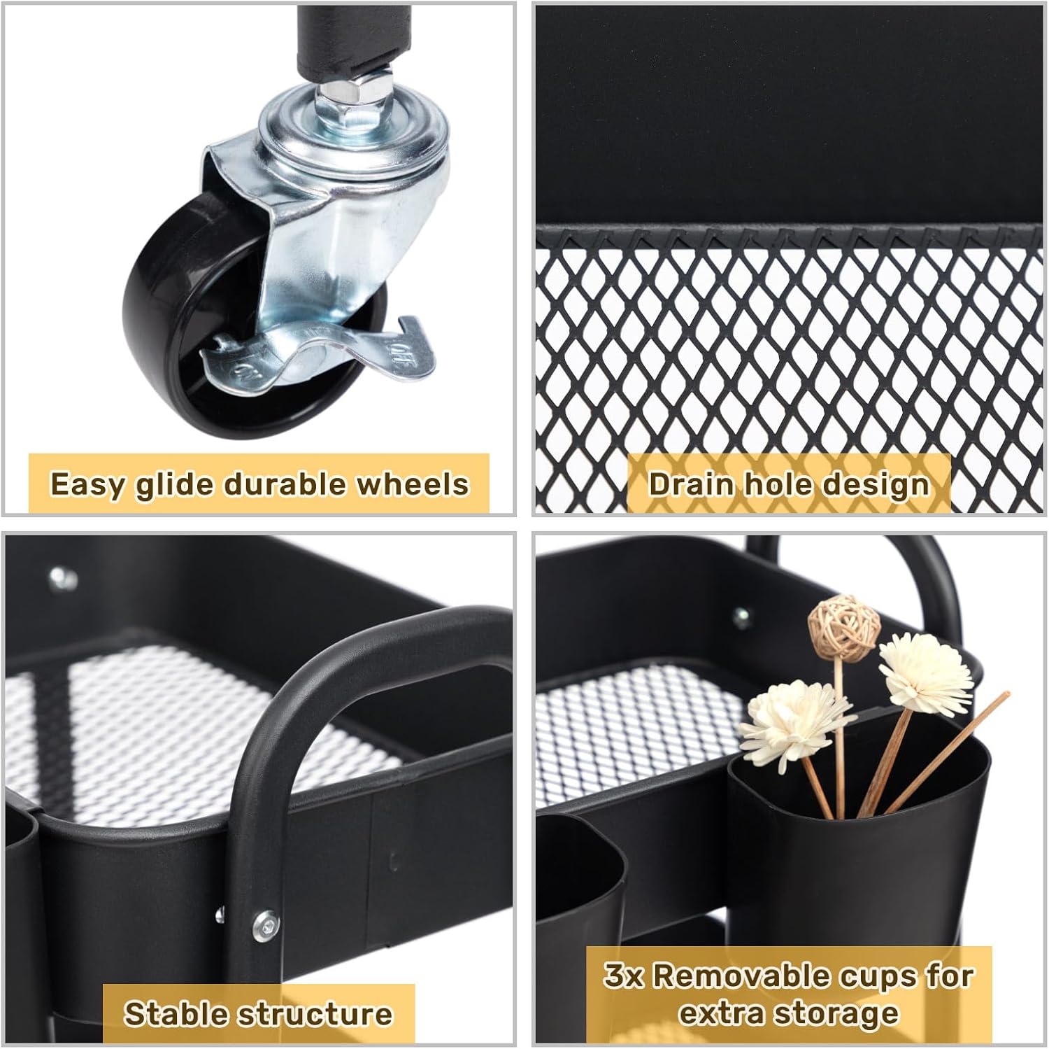 Doeworks Carrello Cucina Metallo 3 Piani con Ruote, Nero - immagine 5