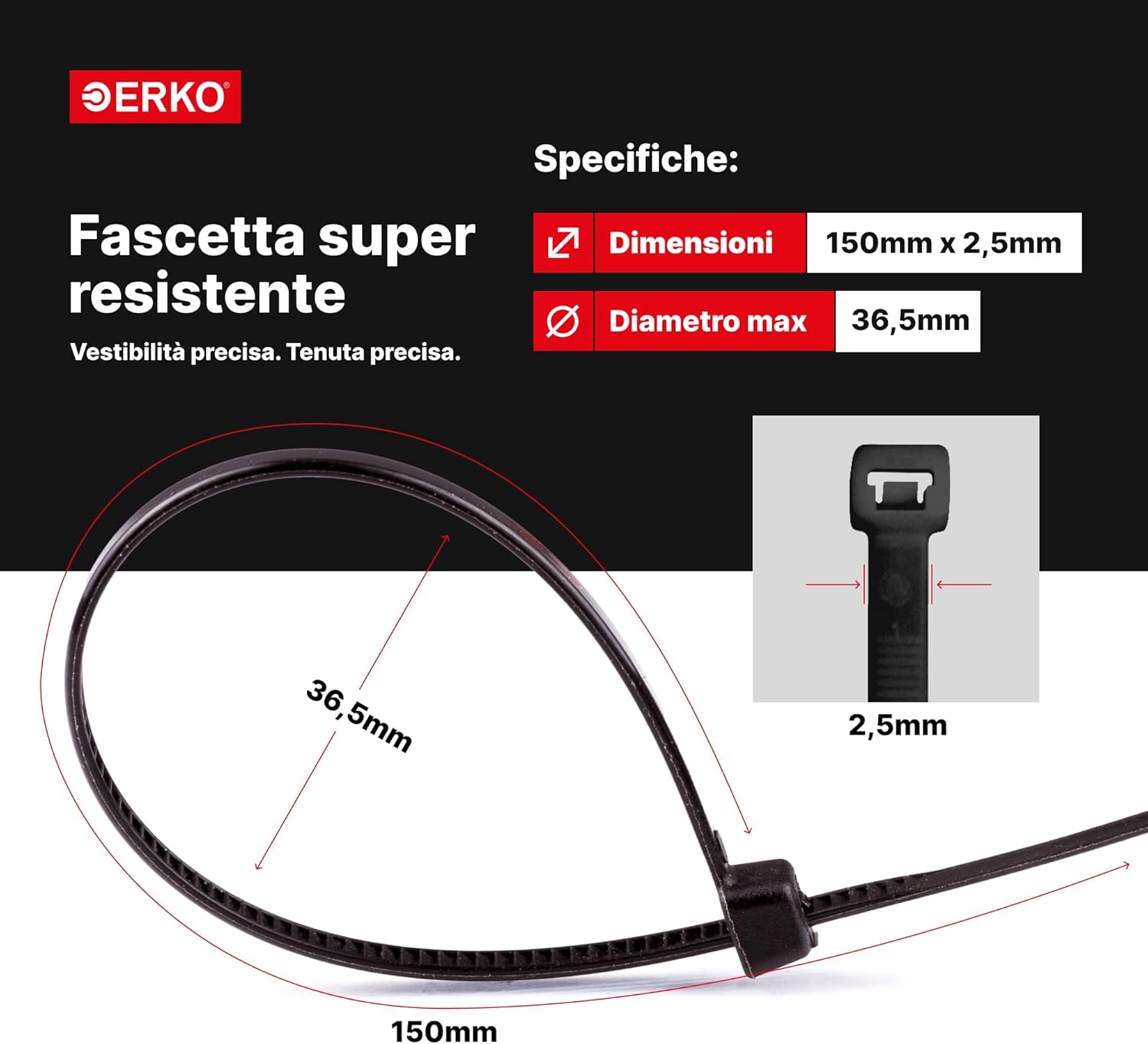 Erko Fascette Plastica Nere 150x2,5mm (100 pezzi) - immagine 2