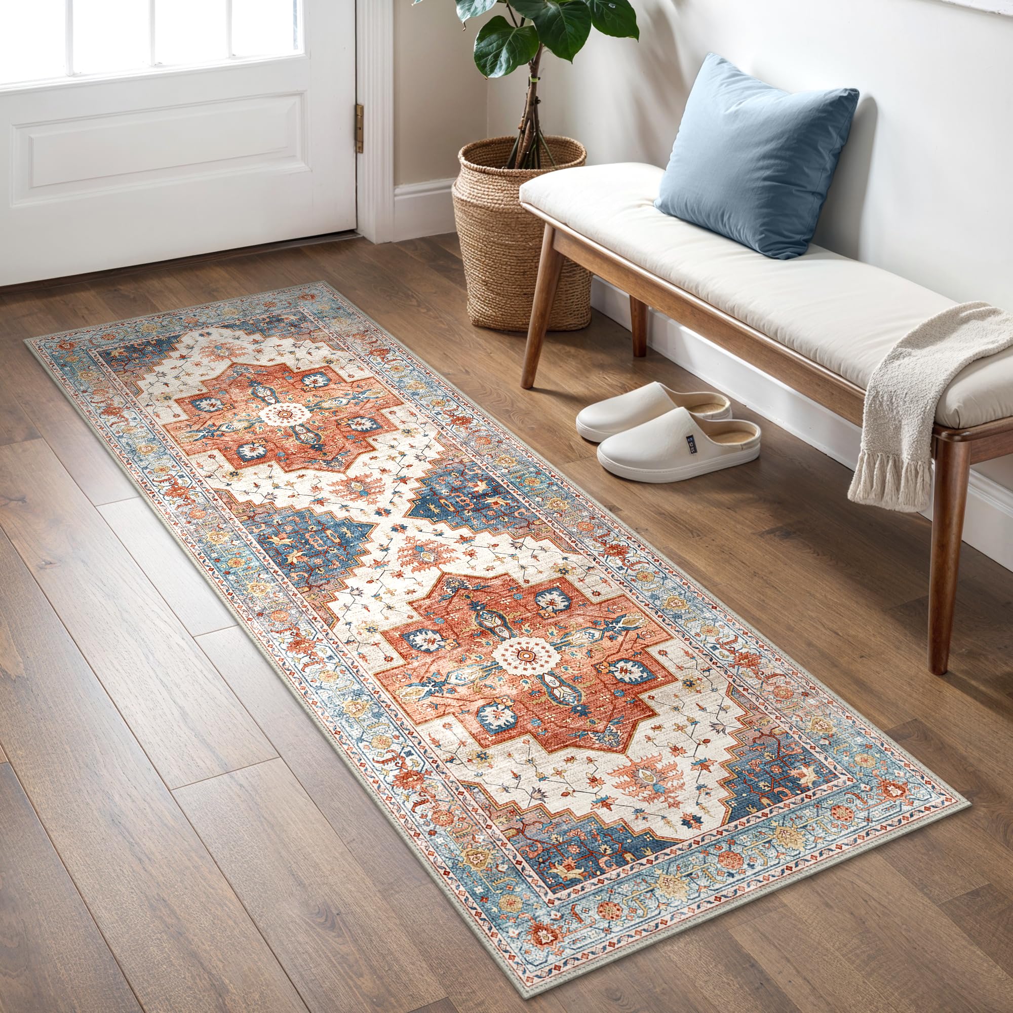 Tappeto Salotto Pelo Corto Vintage 80x200cm, Rosso-Arancio