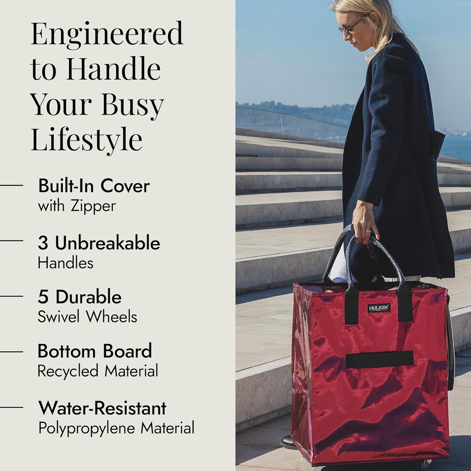 HULKEN Borsa Spesa Riutilizzabile su Ruote, Rosso Cosmico - immagine 2