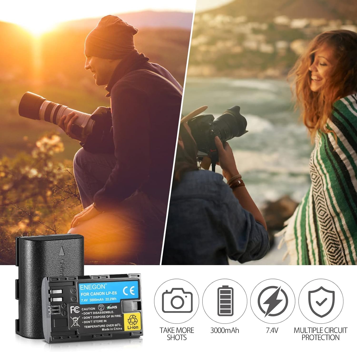 Enegon Batteria LP-E6 LP-E6N 3000mAh Li-ION - immagine 5