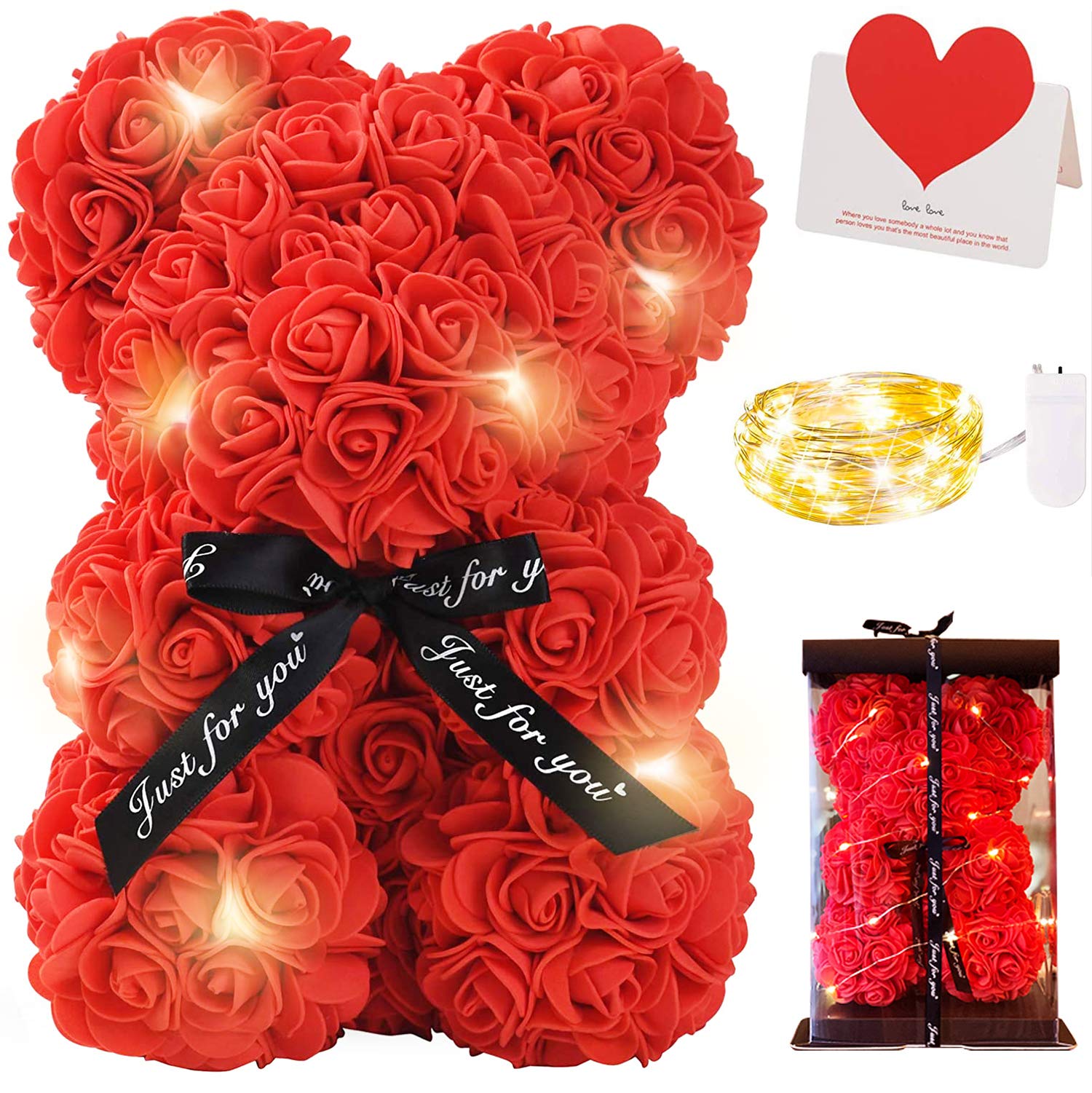 Orso di Rose, Orsacchiotto Composto da Rosa Artificiali con Luce Led, Creativo Floreale Regalo, San Valentino Comprese Scatole Trasparenti Biglietti di Auguri