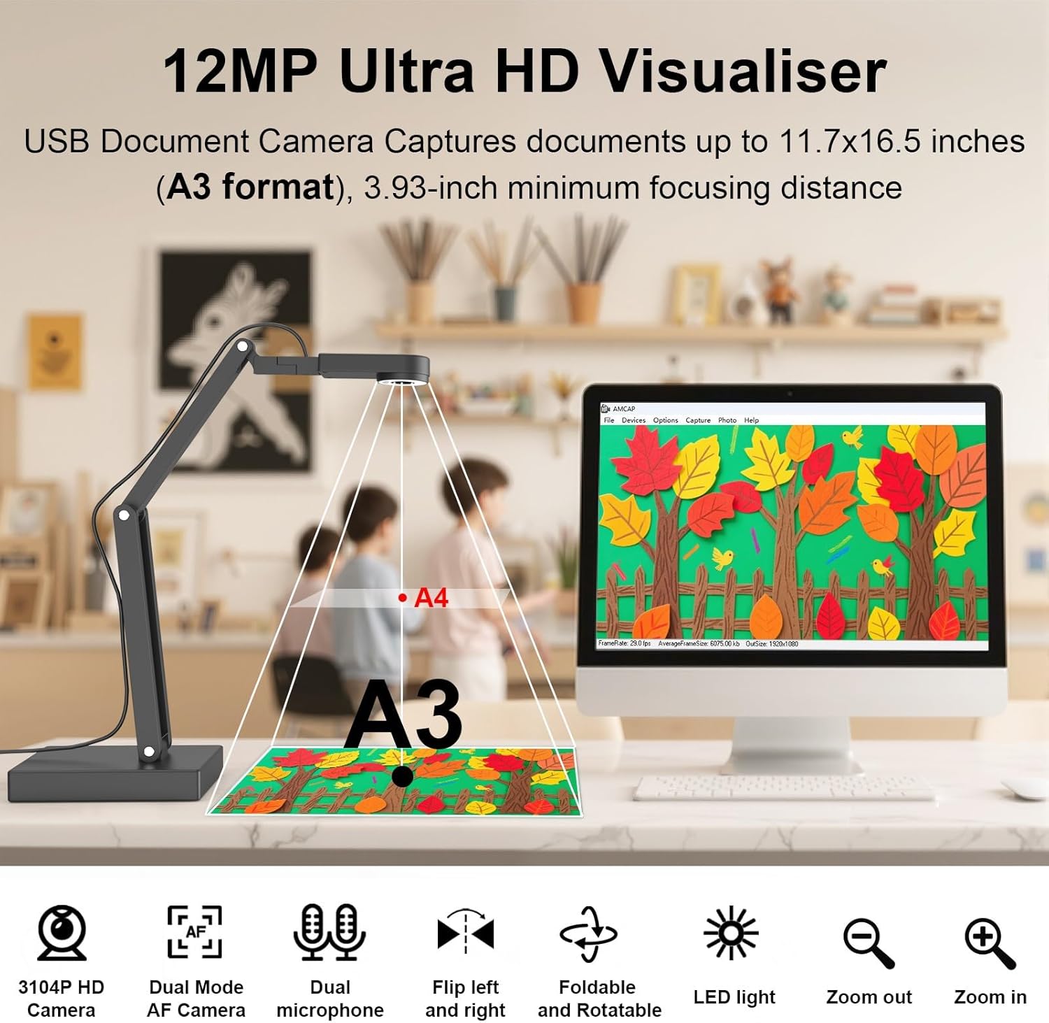 Gawervan 12MP Telecamera Documenti 4K con Luce LED - immagine 2