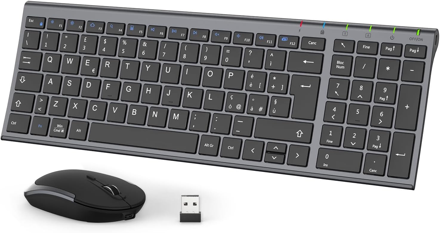 Iclever Tastiera e Mouse Wireless 2.4G, Grigio e Nero - immagine 1