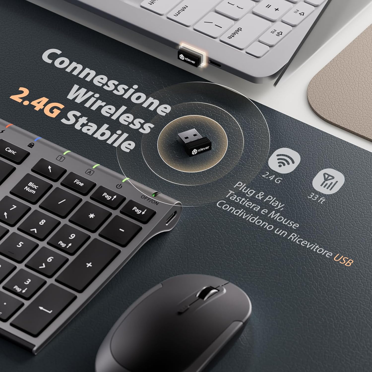 Iclever Tastiera e Mouse Wireless 2.4G, Grigio e Nero - immagine 3