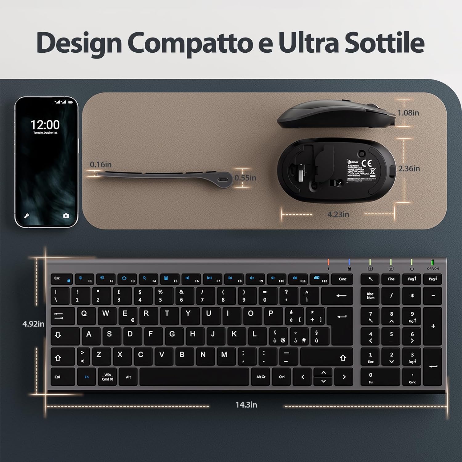 Iclever Tastiera e Mouse Wireless 2.4G, Grigio e Nero - immagine 7