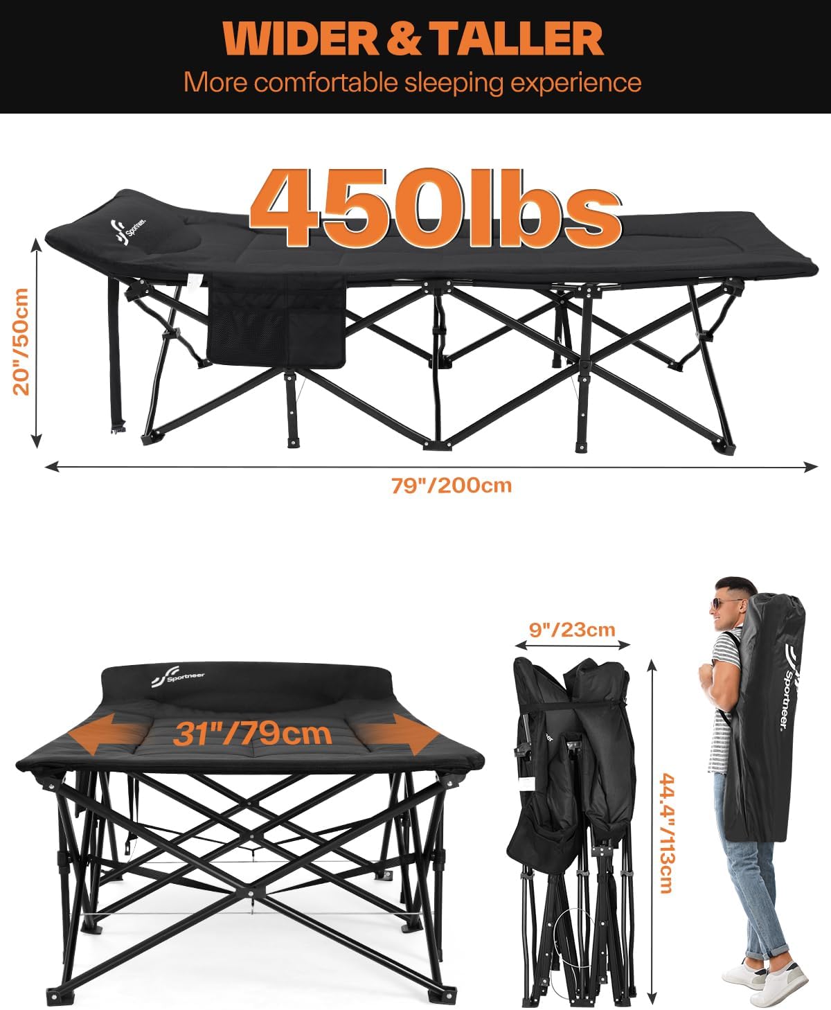 Sportneer Letto Pieghevole per Ospiti 204 kg, Nero - immagine 2