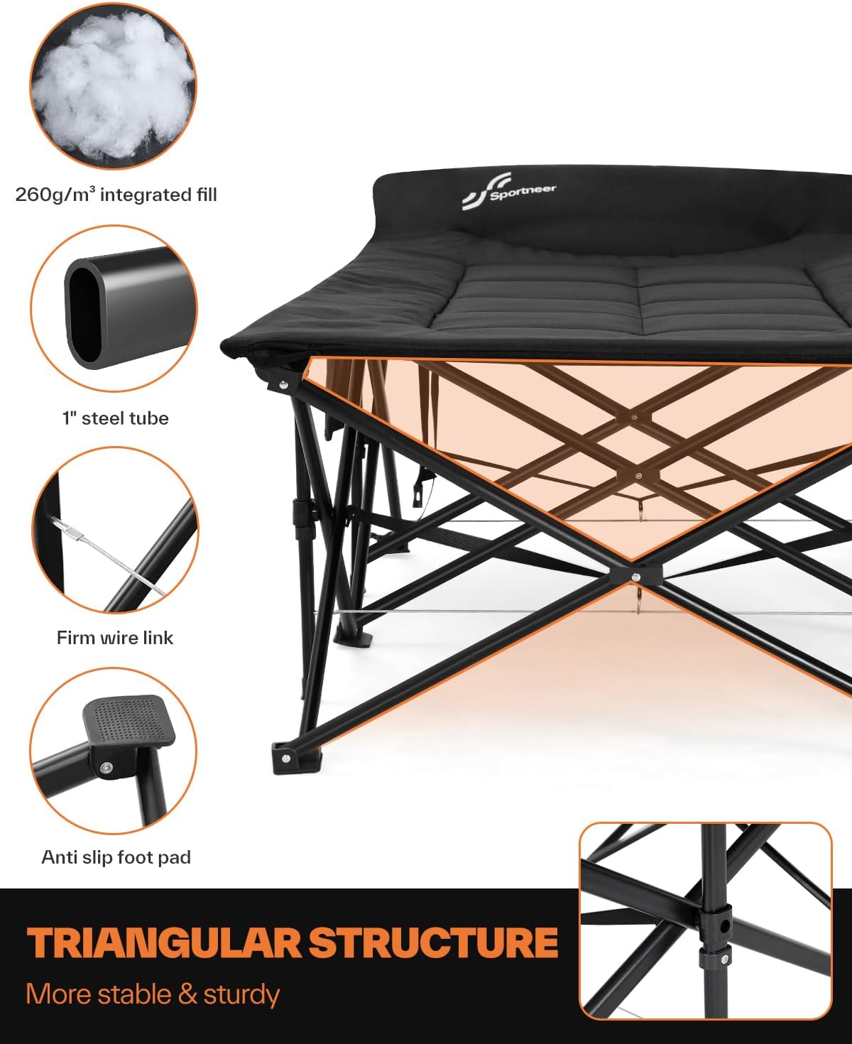 Sportneer Letto Pieghevole per Ospiti 204 kg, Nero - immagine 3