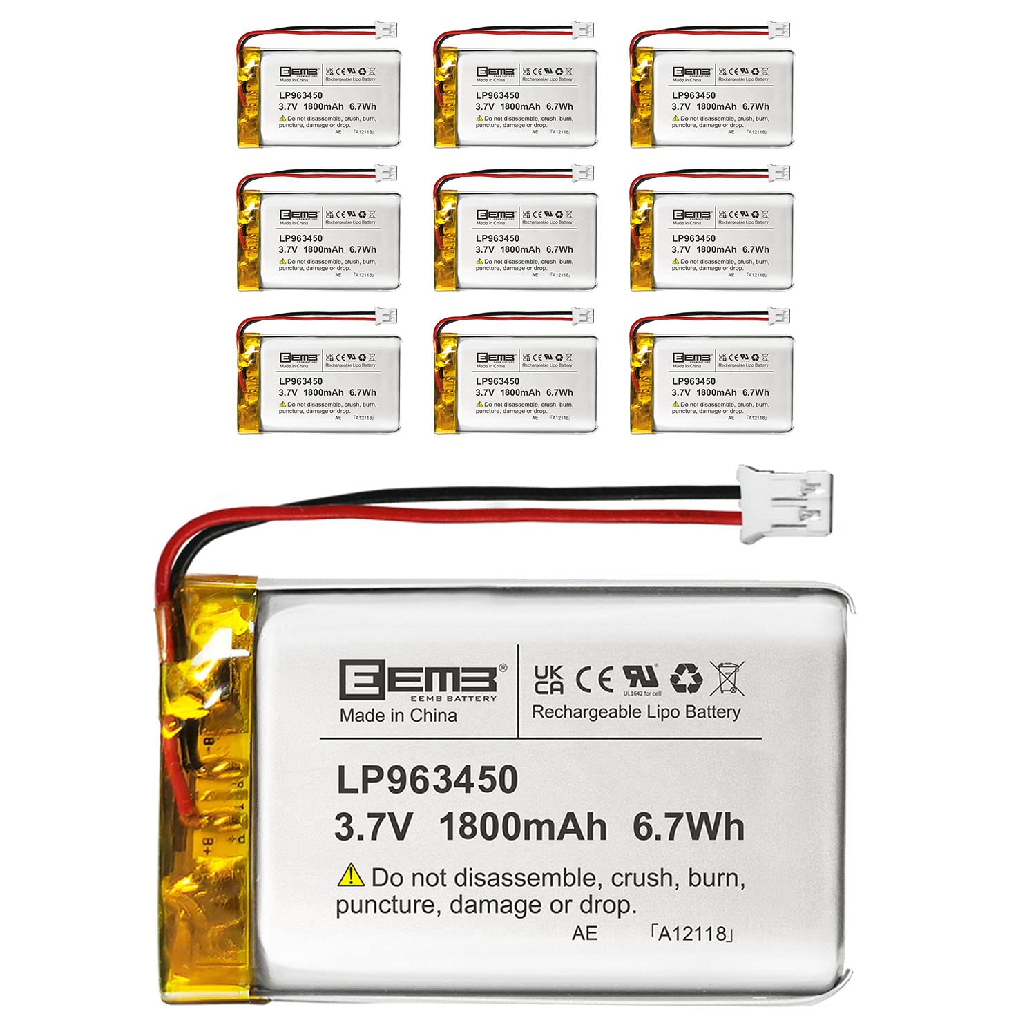 Eemb 10x Batteria Lipo 3.7V 1800mAh 963450