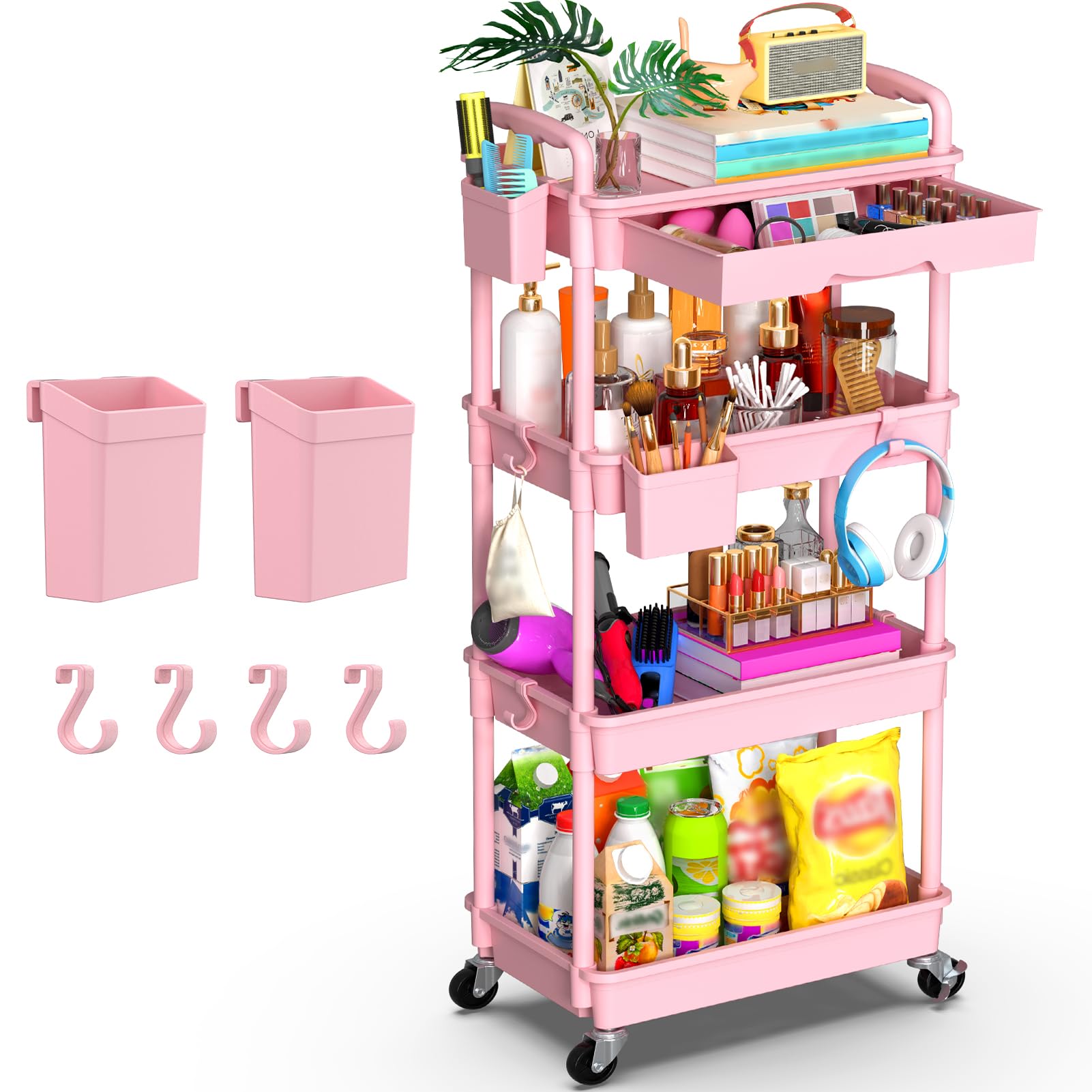 Yeabett - Carrello da Servizio 4 Ripiani con Ruote - Rosa