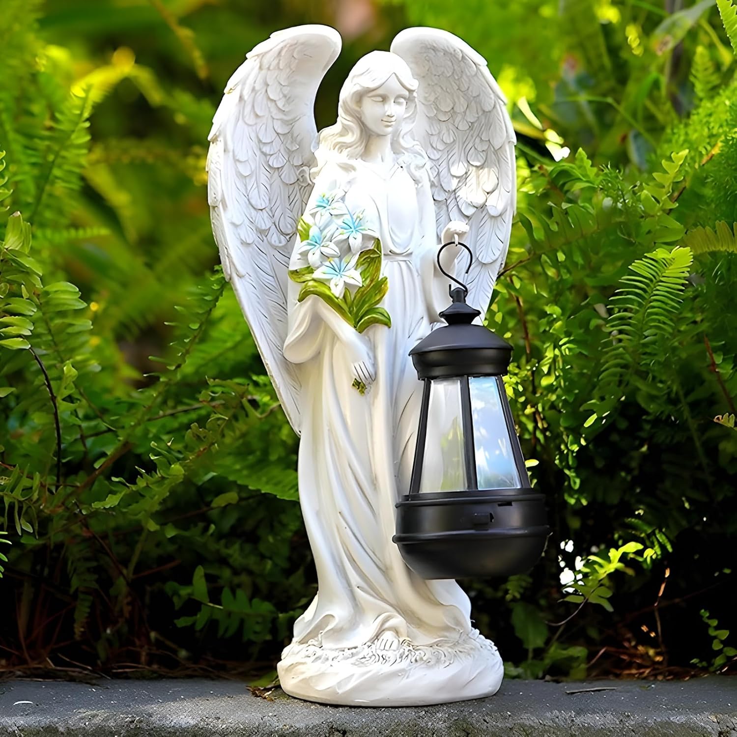 Tuzsocr Statue Giardino Angelo Custode con Lanterna Solare - immagine 7