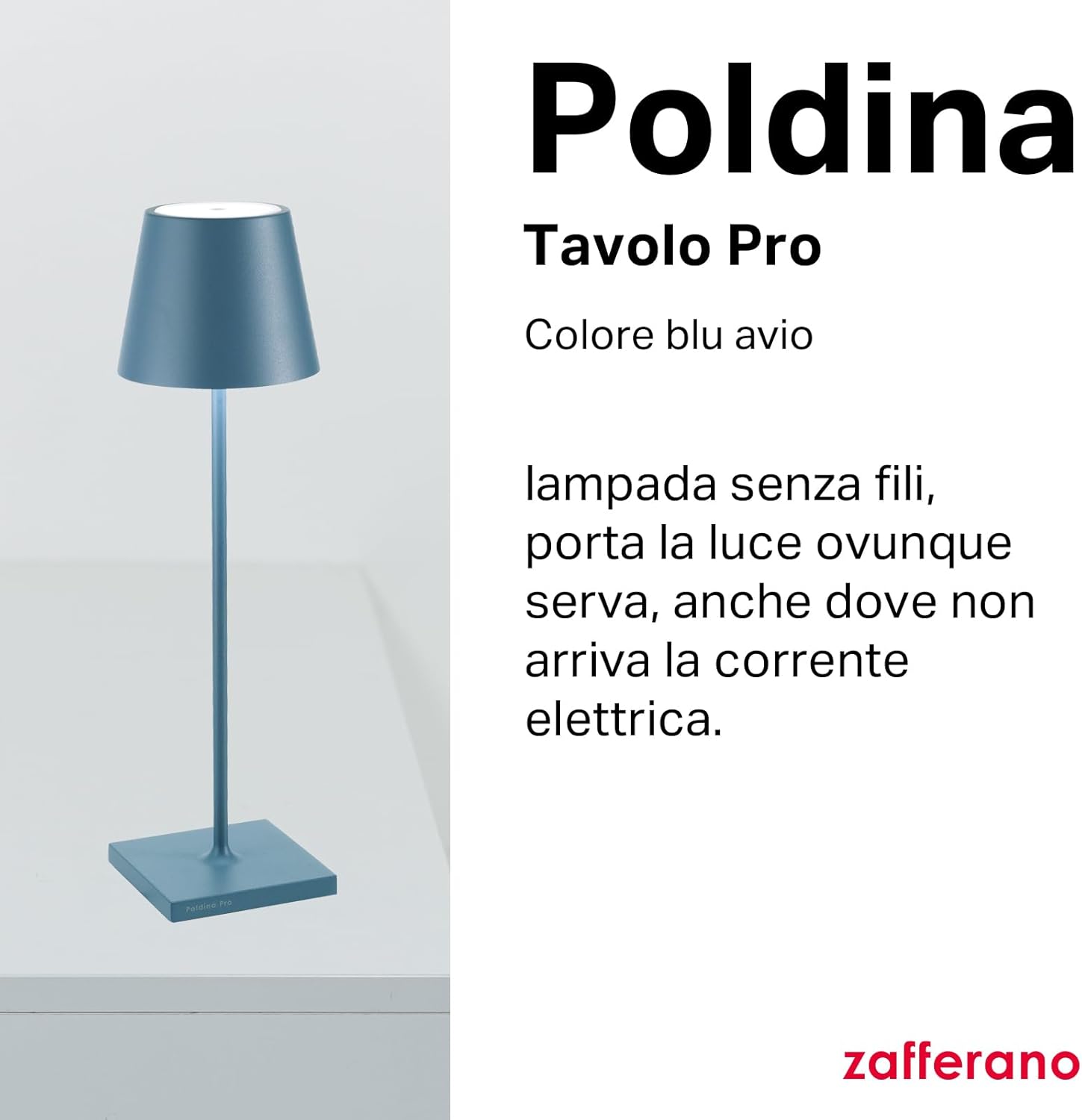 Zafferano Poldina Pro - Lampada da Tavolo Ricaricabile, Blu Avio - immagine 2