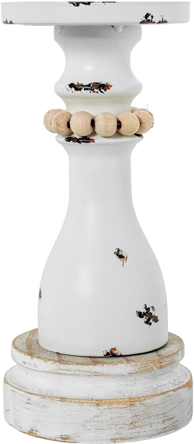DRW Palmatoria da tavolo in legno bianco 10x10x22 cm