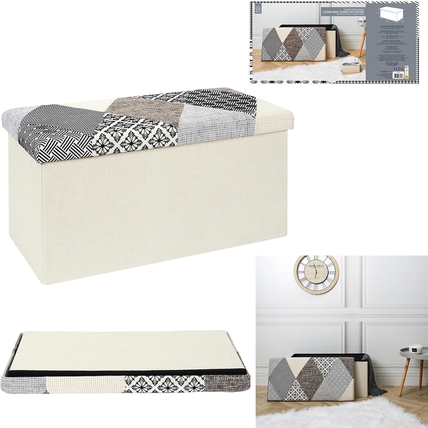 HOME DECO FACTORY Chest Bench Patchwork, Multicolore 76x38x38cm - immagine 4