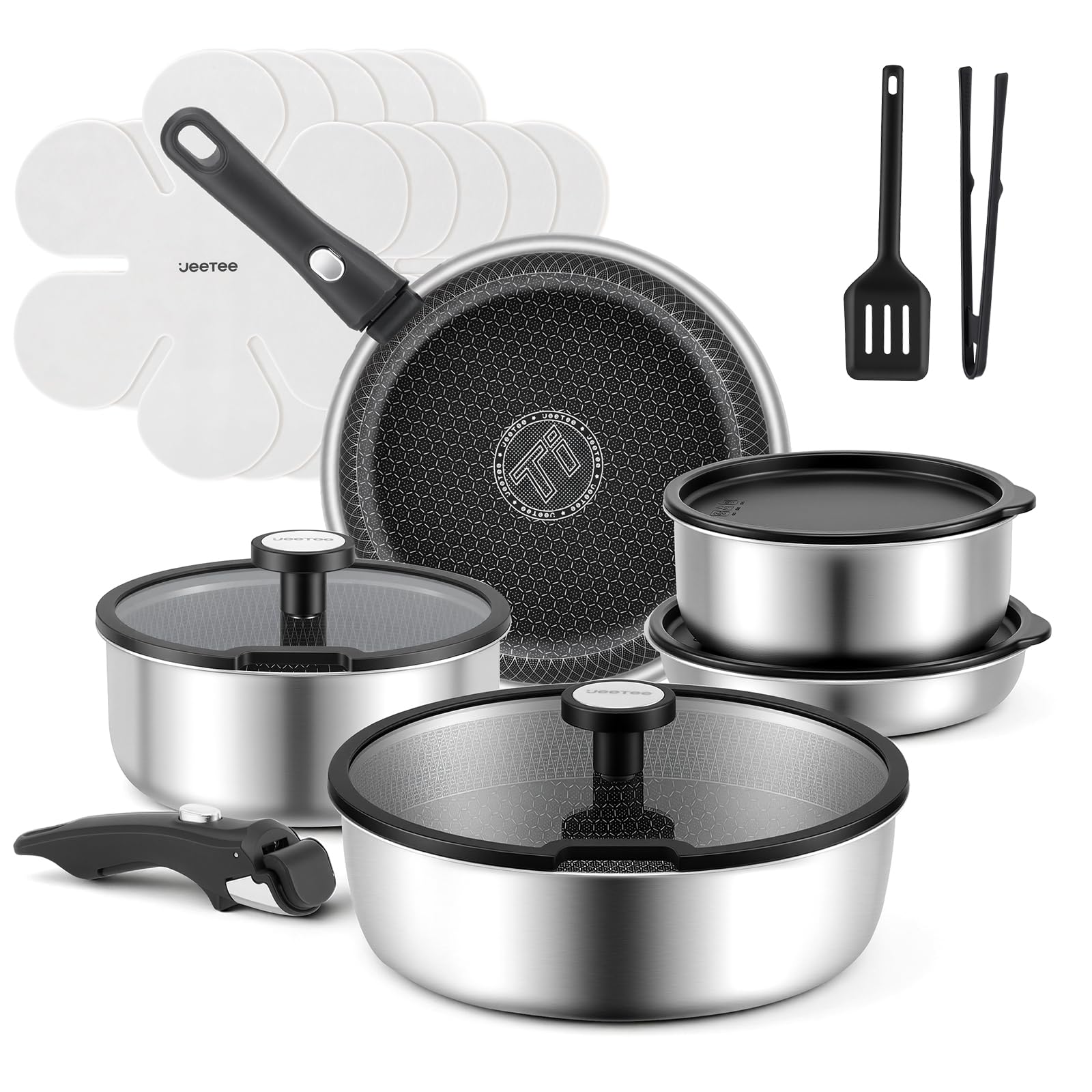 JEETEE Tri-Ply, set di pentole in acciaio inox, 18 pezzi, antiaderente con manico rimovibile, set di pentole ibride con coperchio in vetro temperato, per camper e induzione, lavastoviglie e forno di
