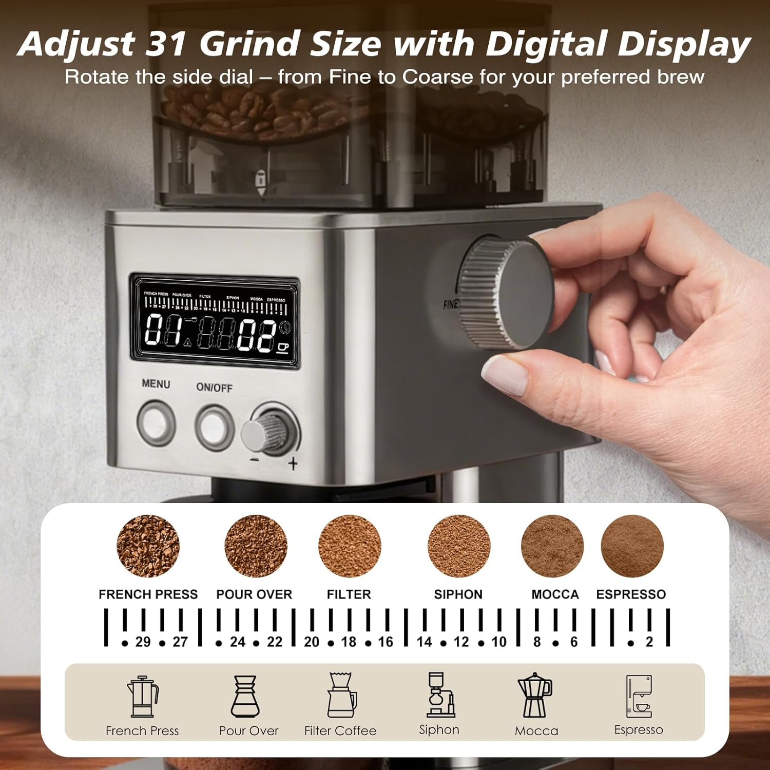 Homtone Macinacaffè Elettrico a Cono con LCD - immagine 3