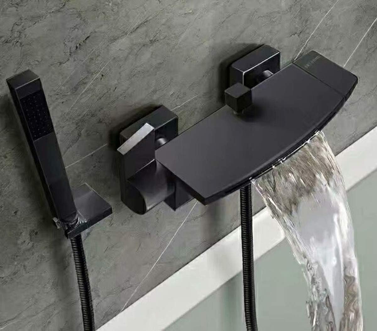 Miscelatore Vasca da Bagno a Cascata Nero con Doccetta - immagine 2