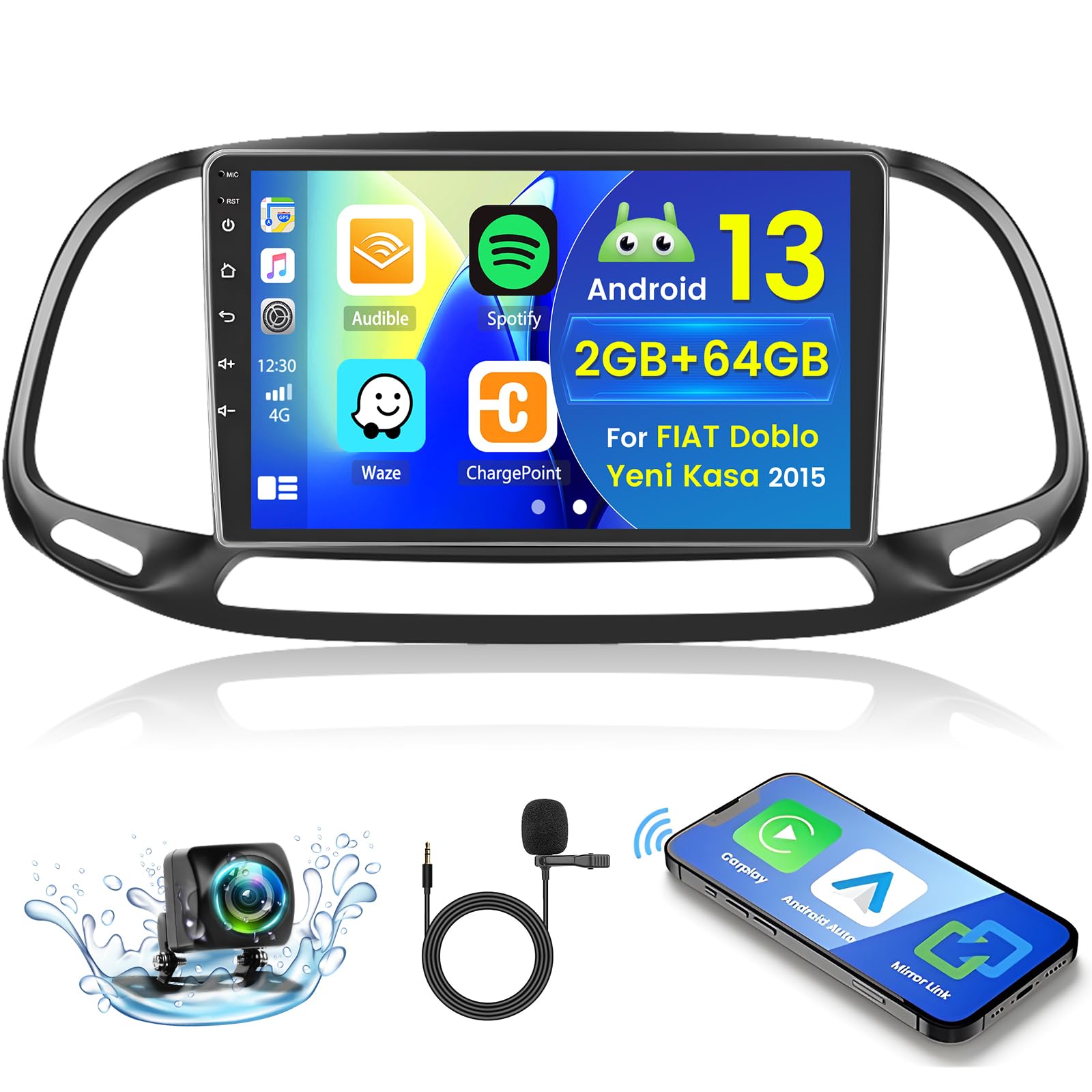 Hikity Android 13 Autoradio 9" IPS per FIAT Doblo 2015