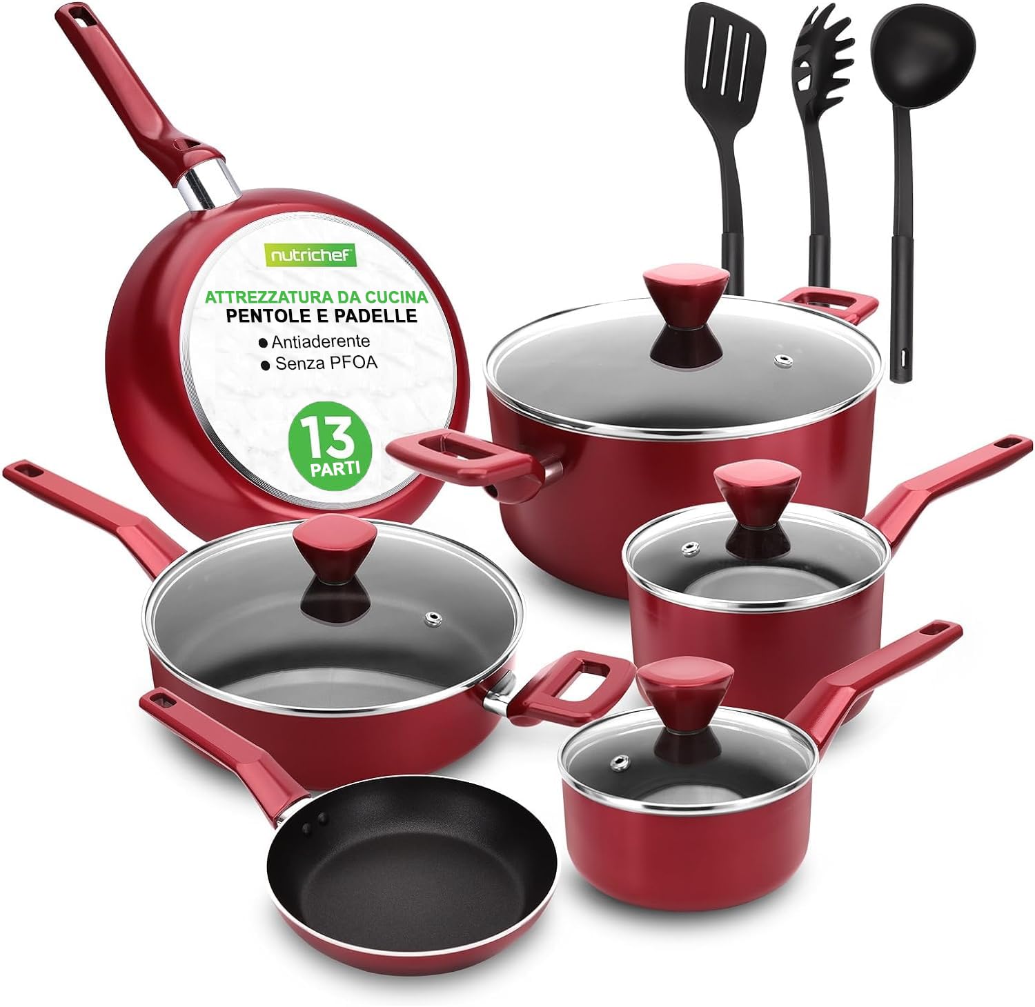 Nutrichef Set Pentole e Padelle Antiaderenti 13 Pezzi, Rosso