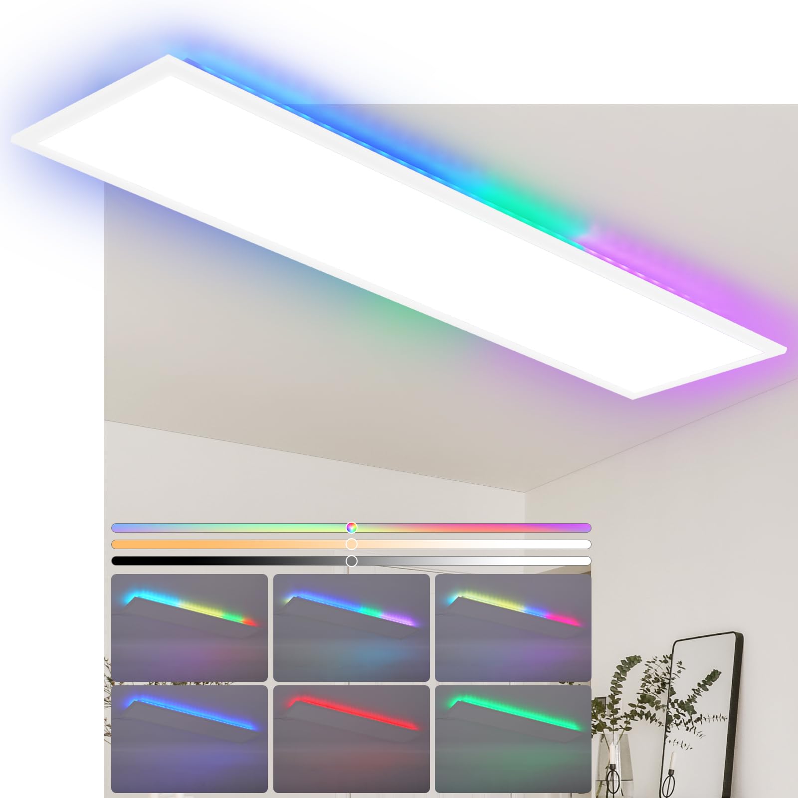 CBJKTX LED Panel 120x30 Plafoniera - Pannello a Soffitto Lungo Dimmerabile RGB Retroilluminazione Cambio Colore Lampada da Ufficio Piatta Ufficio con Telecomando 36W Plafoniera per Officina Corridoio