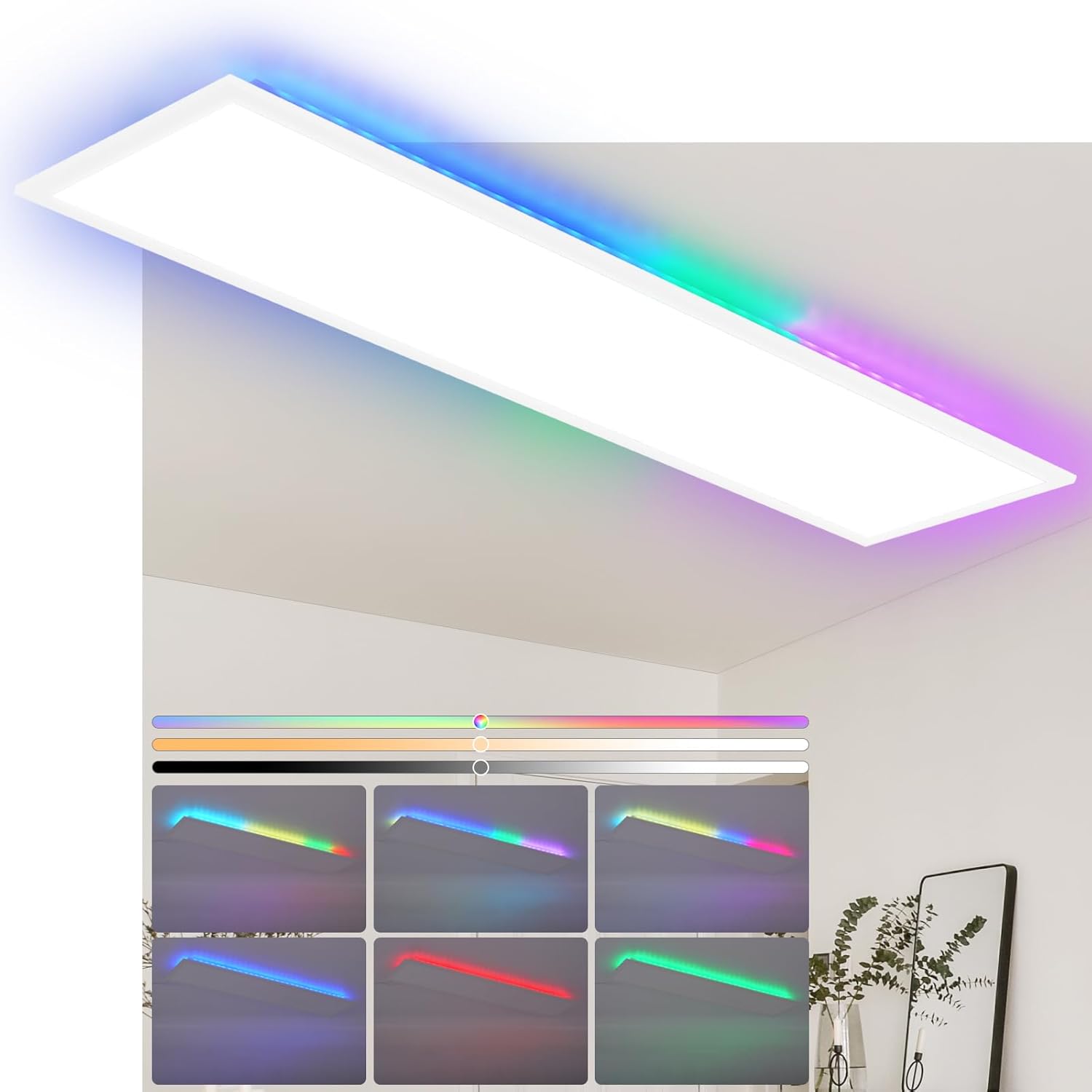 CBJKTX LED Panel 120x30 Plafoniera - Pannello a Soffitto Lungo Dimmerabile RGB Retroilluminazione Cambio Colore Lampada da Ufficio Piatta Ufficio con Telecomando 36W Plafoniera per Officina Corridoio - immagine 1