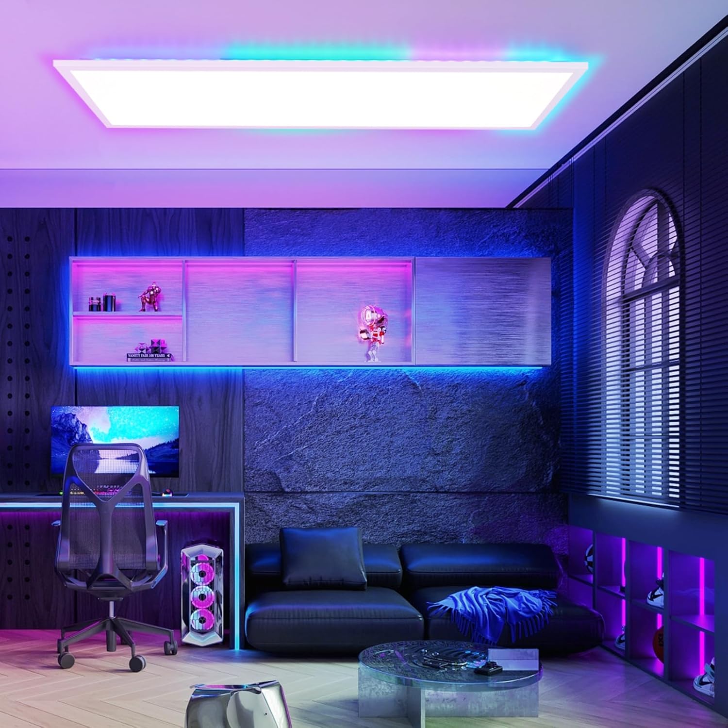 CBJKTX LED Panel 120x30 Plafoniera - Pannello a Soffitto Lungo Dimmerabile RGB Retroilluminazione Cambio Colore Lampada da Ufficio Piatta Ufficio con Telecomando 36W Plafoniera per Officina Corridoio - immagine 2