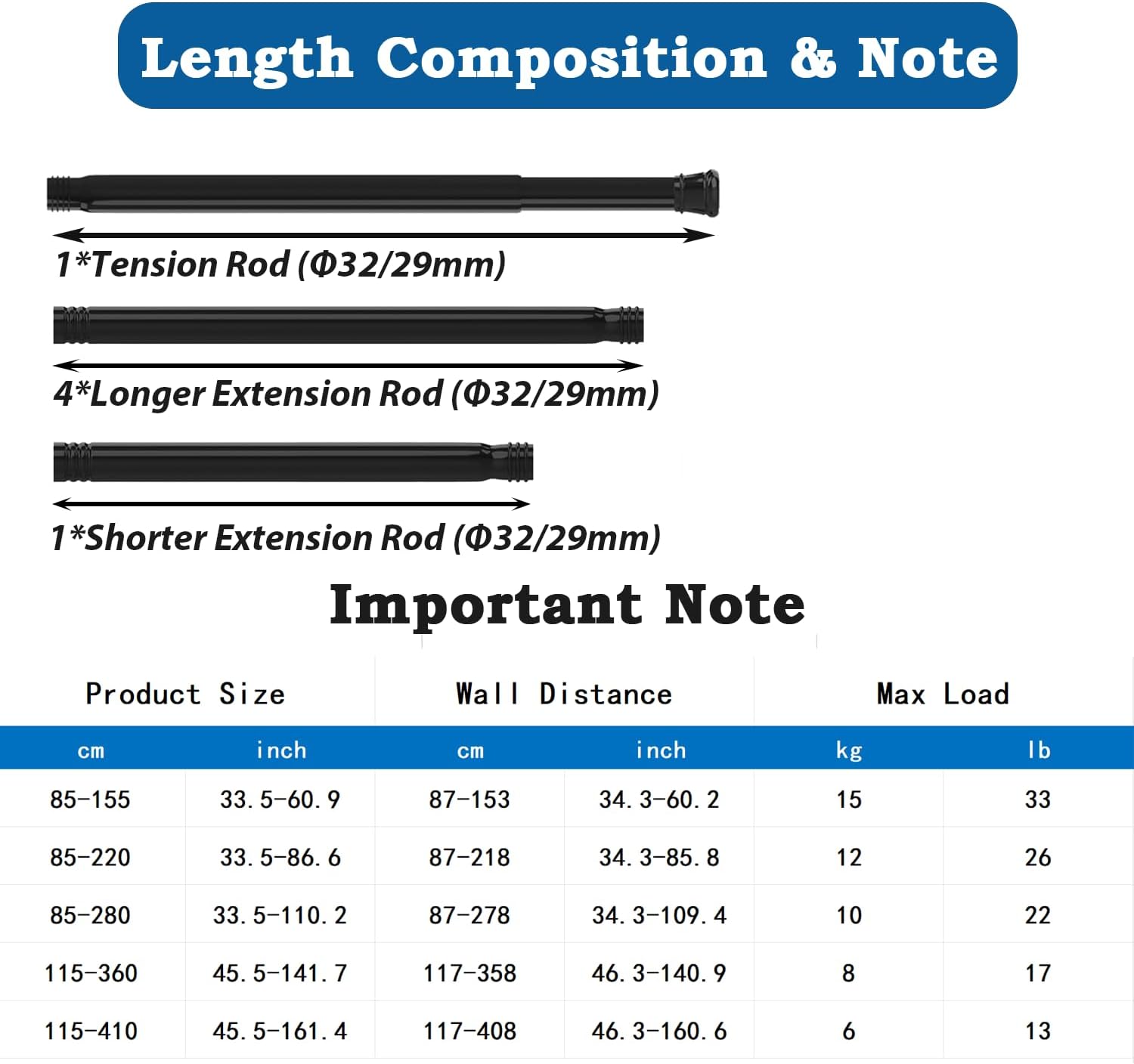 Asta Tenda Doccia Telescopica Nera (85-220 cm) - immagine 2