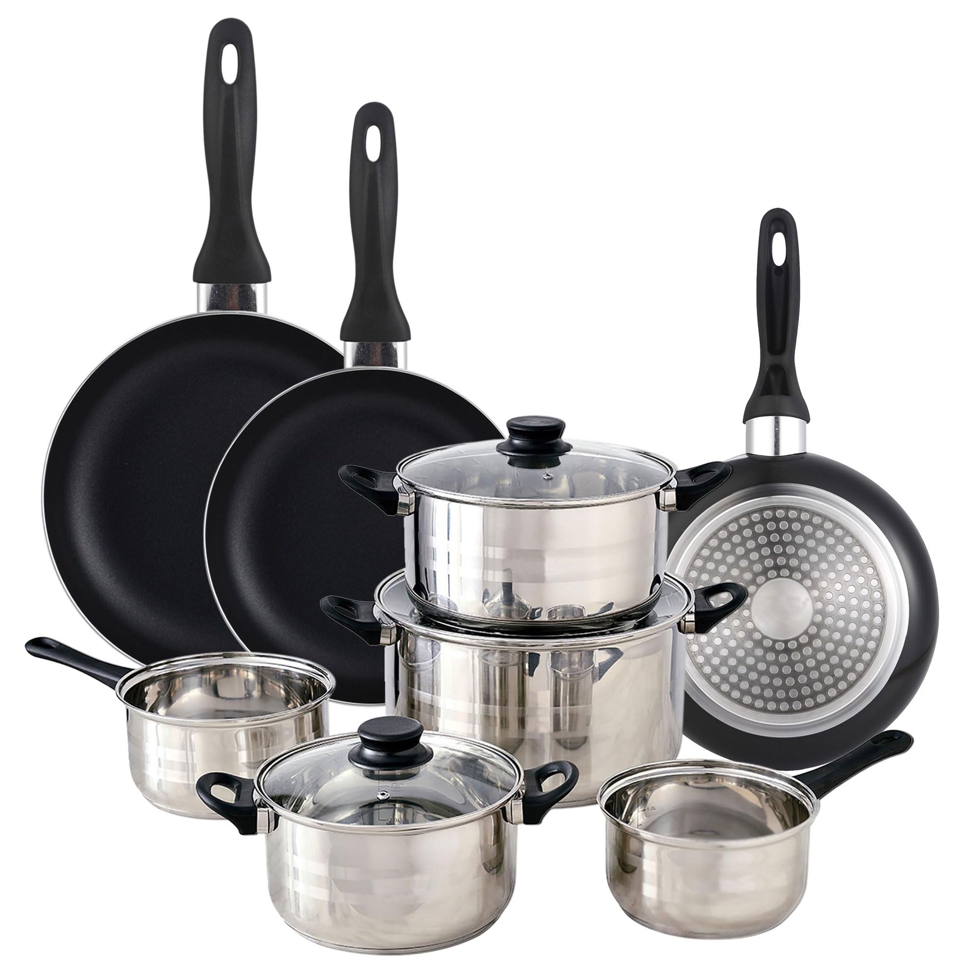 Well Home Set Utensili Cucina 8pz Inox + 3 Padelle Nere
