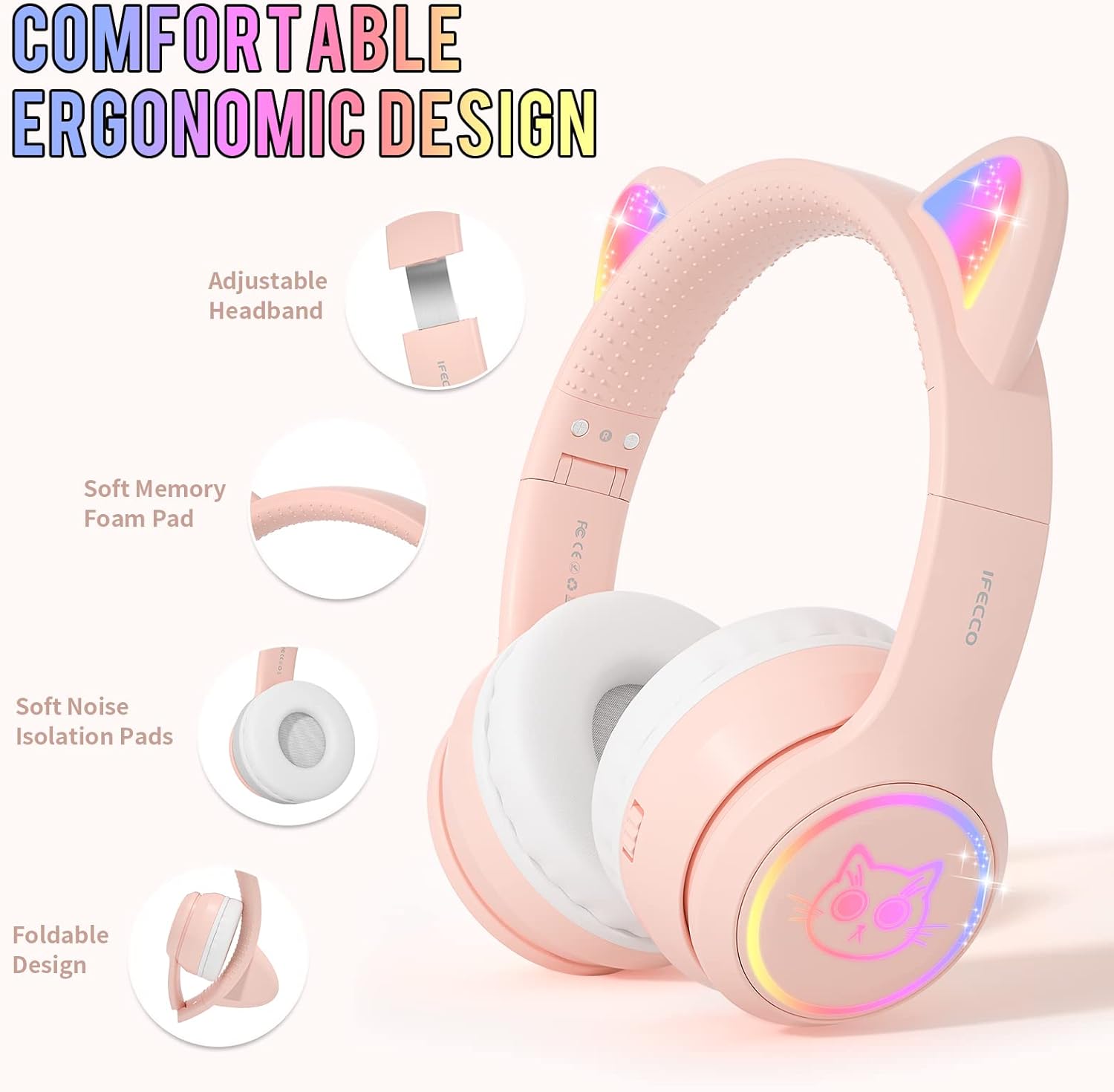 iFecco Cuffie Bluetooth Wireless per Bambina - Cat Ear - immagine 4