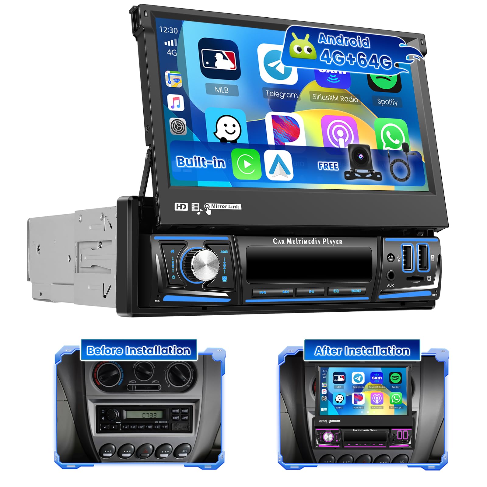 Hikity Autoradio 1 DIN Android 13 con Schermo Retrattile 7''