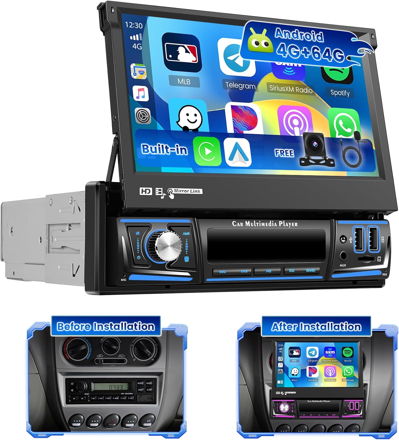 Hikity Autoradio 1 DIN Android 13 con Schermo Retrattile 7'' - immagine 1