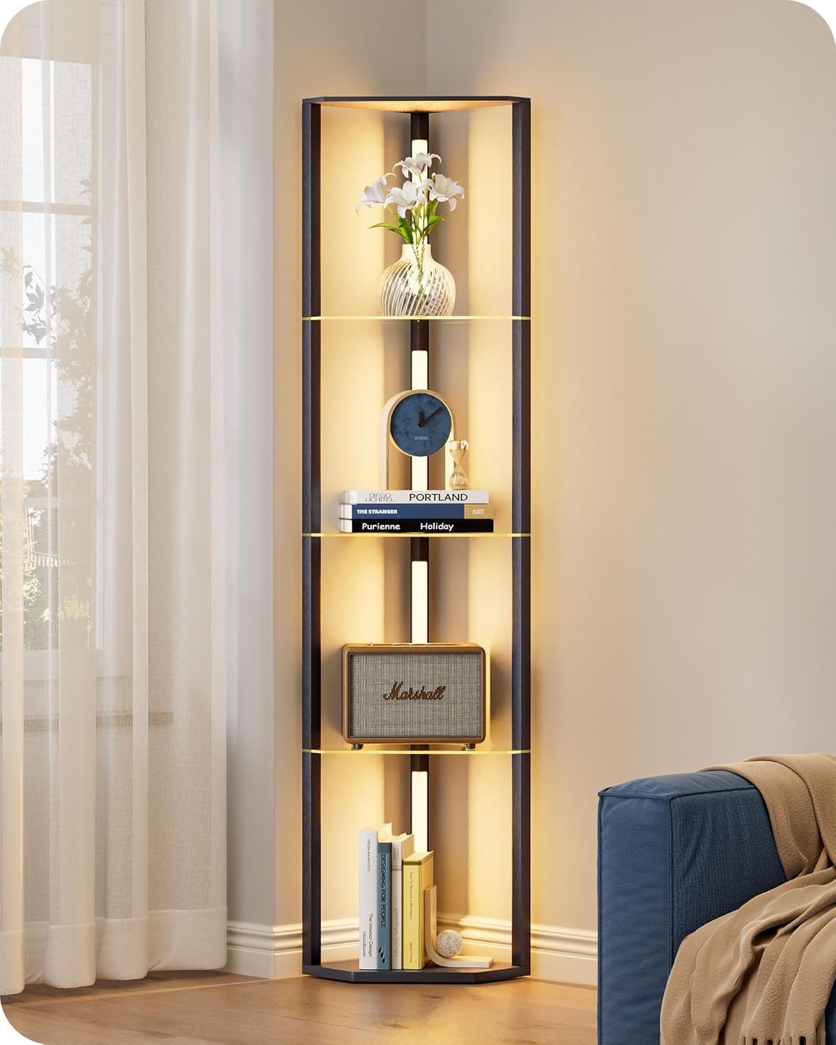 EDISHINE Lampada da Terra con Mensole in Vetro, Nero - immagine 1