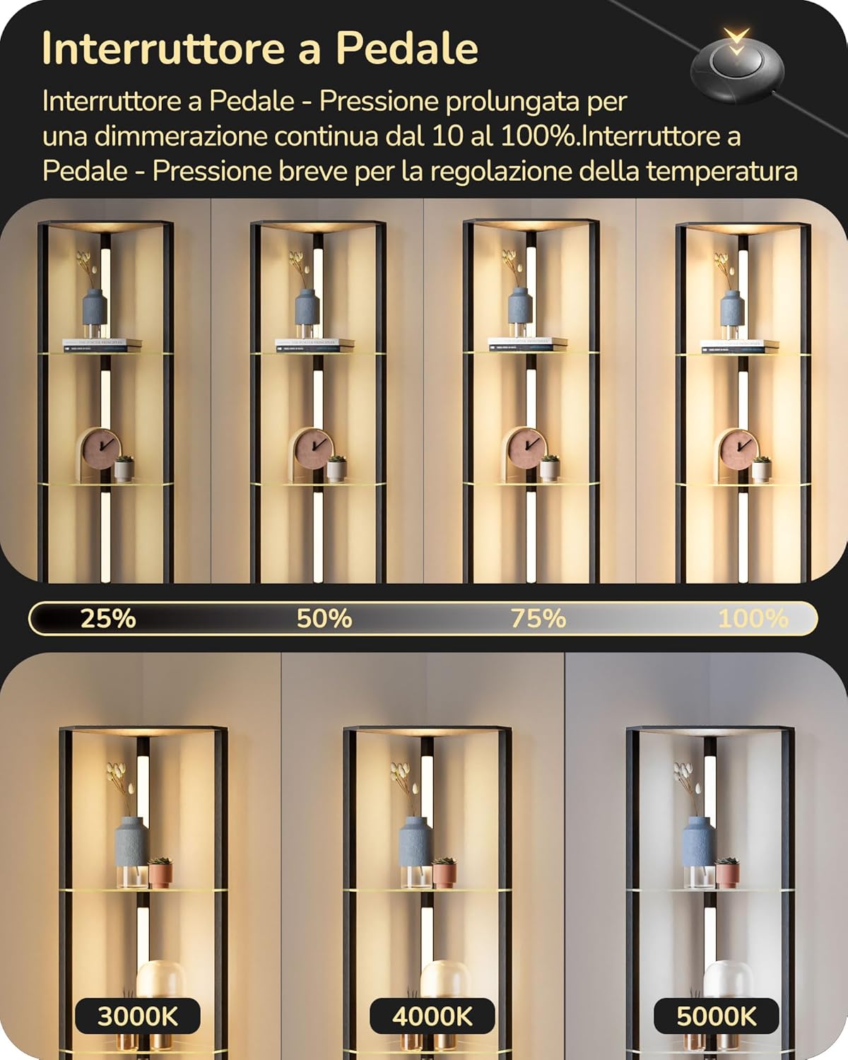 EDISHINE Lampada da Terra con Mensole in Vetro, Nero - immagine 2