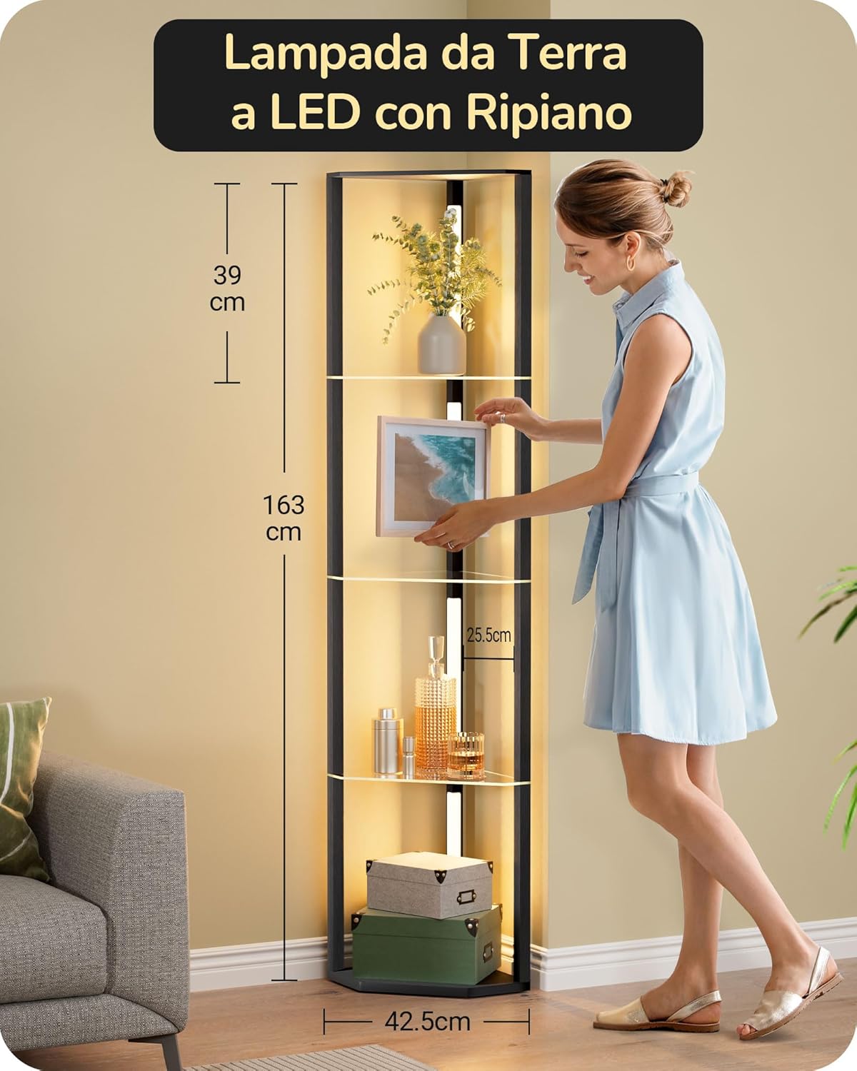 EDISHINE Lampada da Terra con Mensole in Vetro, Nero - immagine 5