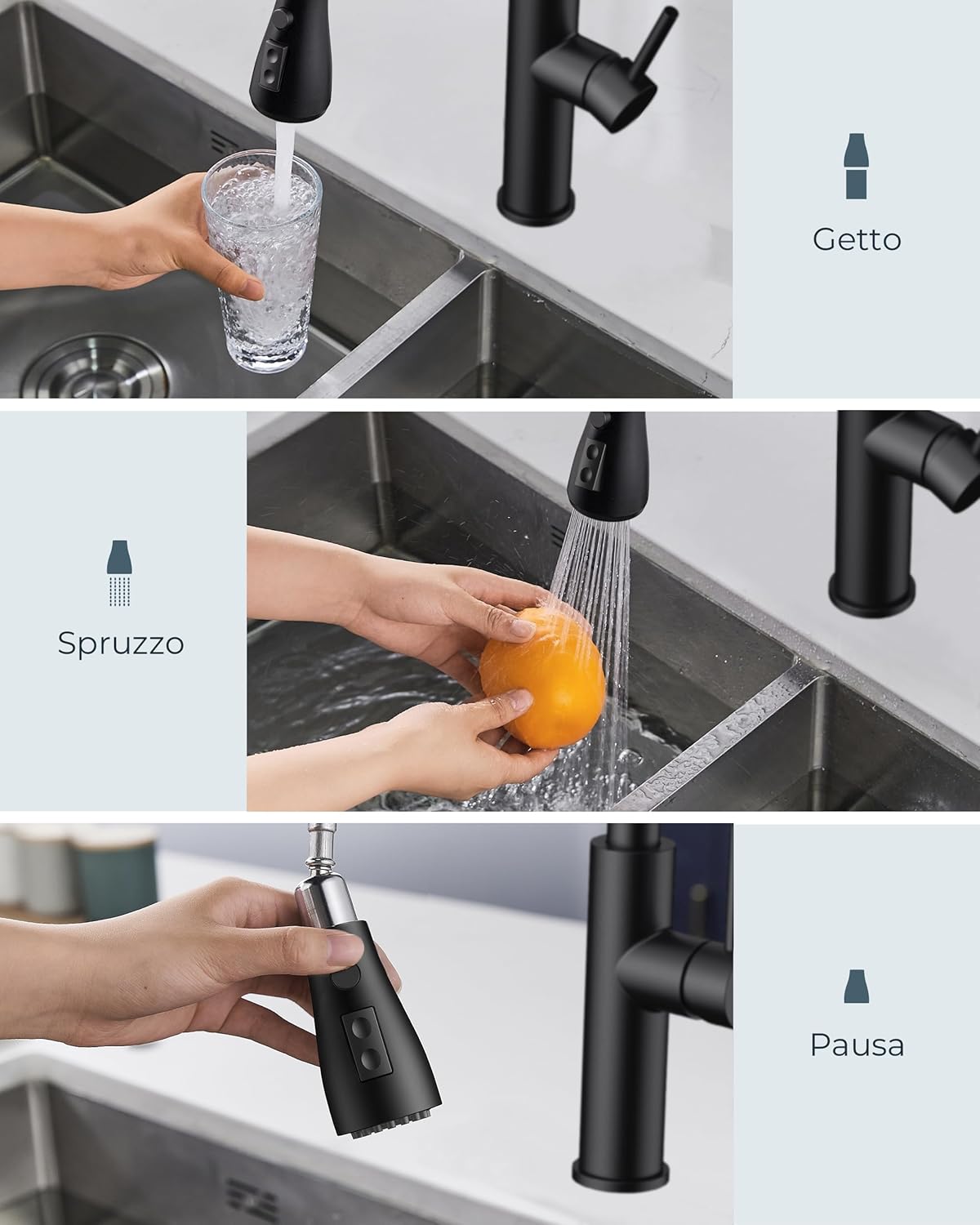 Forious Rubinetto Lavello Cucina Nero con Doccetta Estraibile - immagine 4