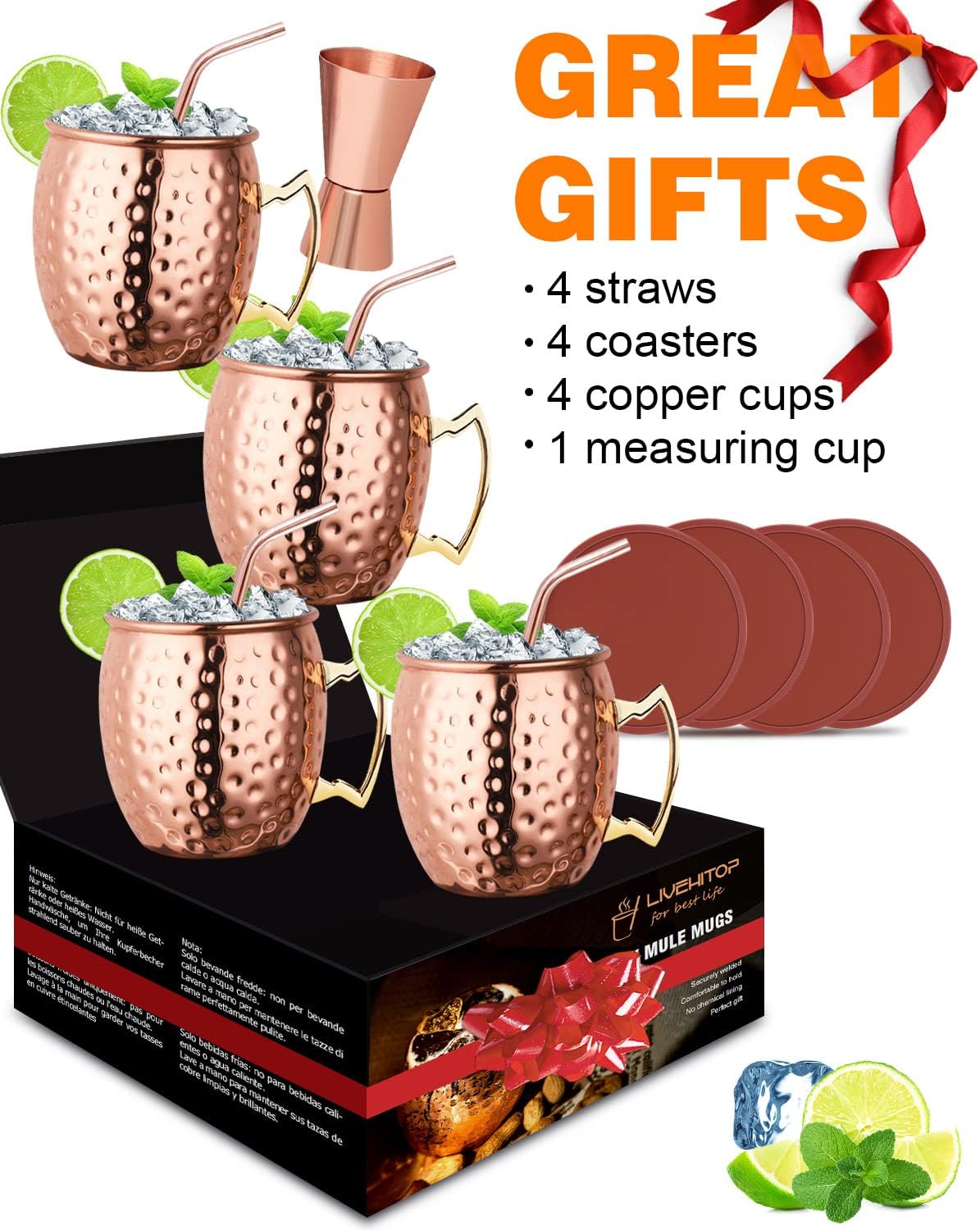 LIVEHITOP Set 4 Tazze Rame Moscow Mule 19.5 Oz - immagine 6