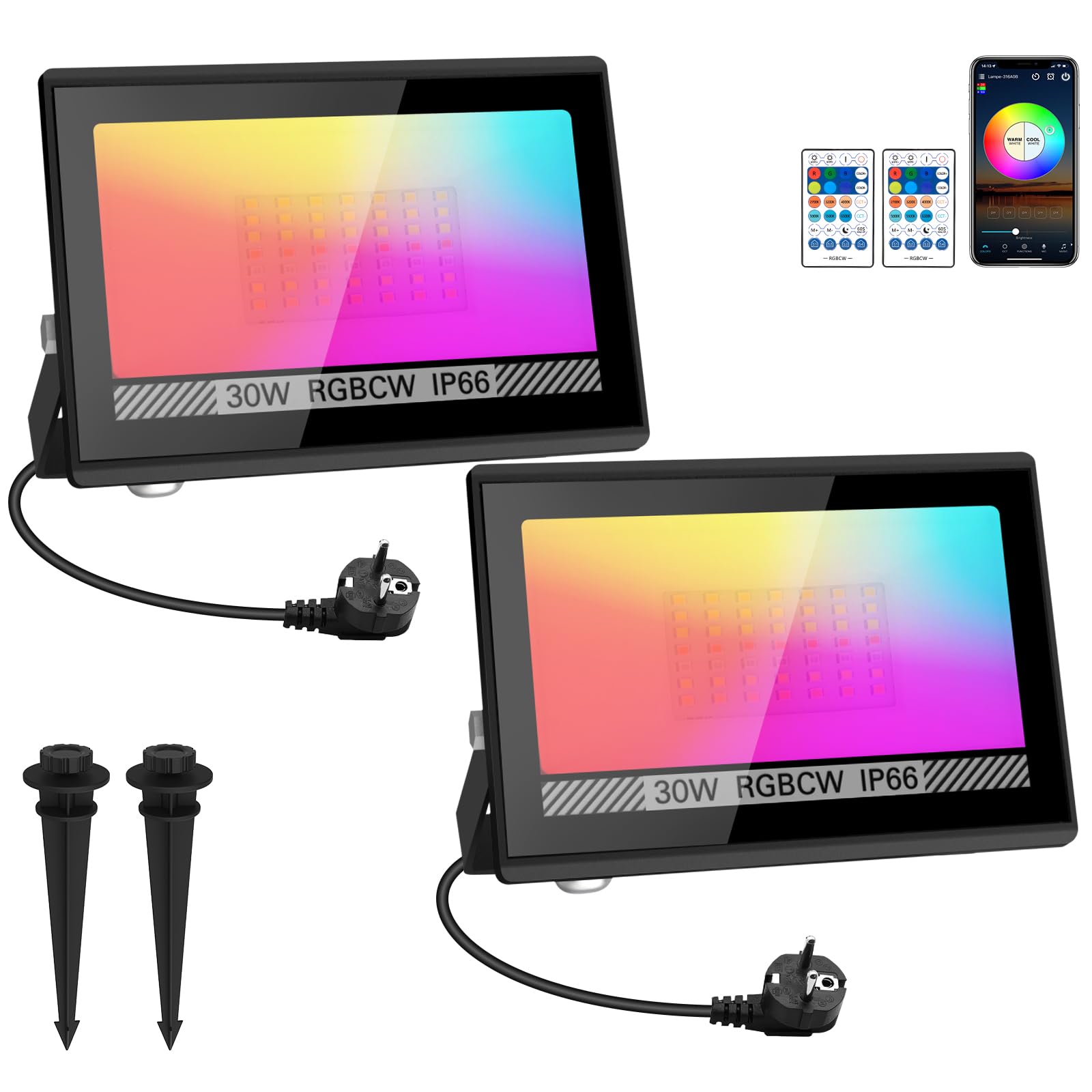 T-sun RGB LED Faretto Floodlight Esterno 30W 2 Pezzi