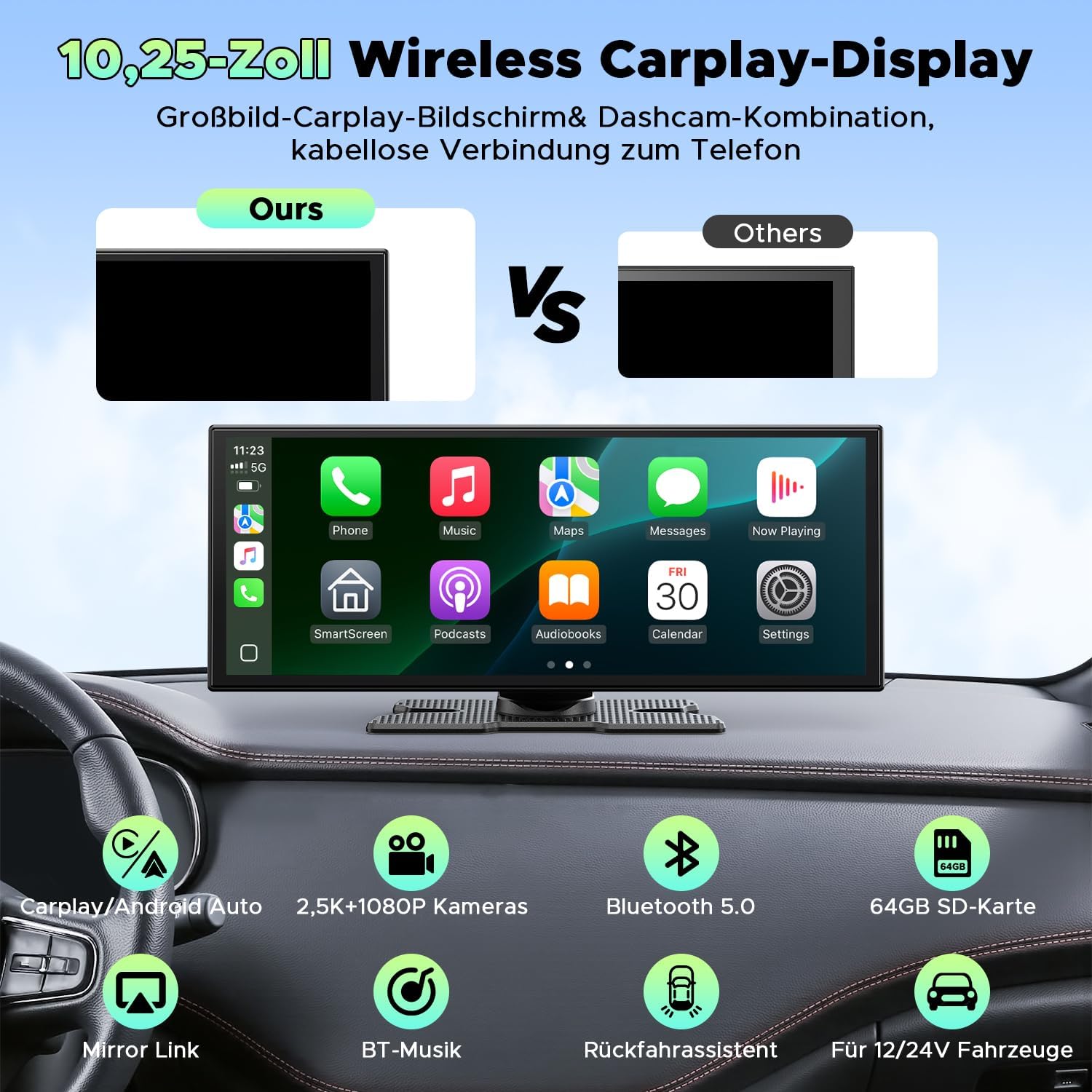 Lamtto Wireless CarPlay Android Auto Display 10.25" - immagine 4