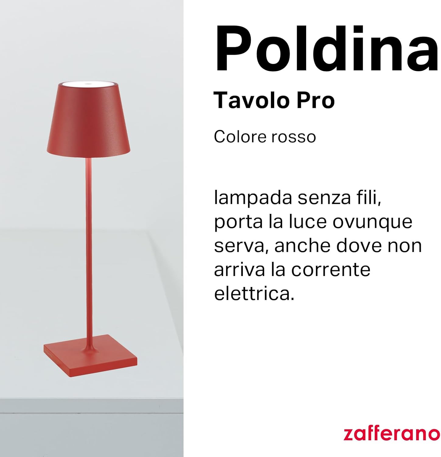 Zafferano Poldina Pro - Lampada da Tavolo Ricaricabile, Rosso - immagine 2