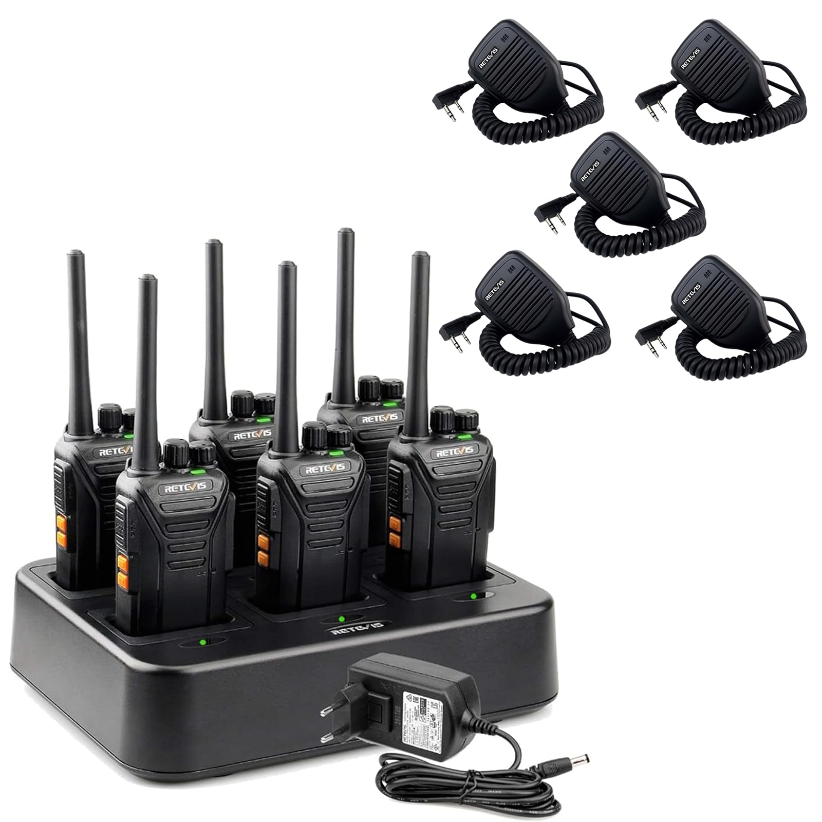 Retevis RT27 Walkie Talkie Professionali Bundle con 5 Microfoni Altoparlante, PMR446 con Caricatore da 6 Slot, Robusta Portatili Lungo Raggio per Fornitori, Costruzione (6 Radios + 5 Microfoni)