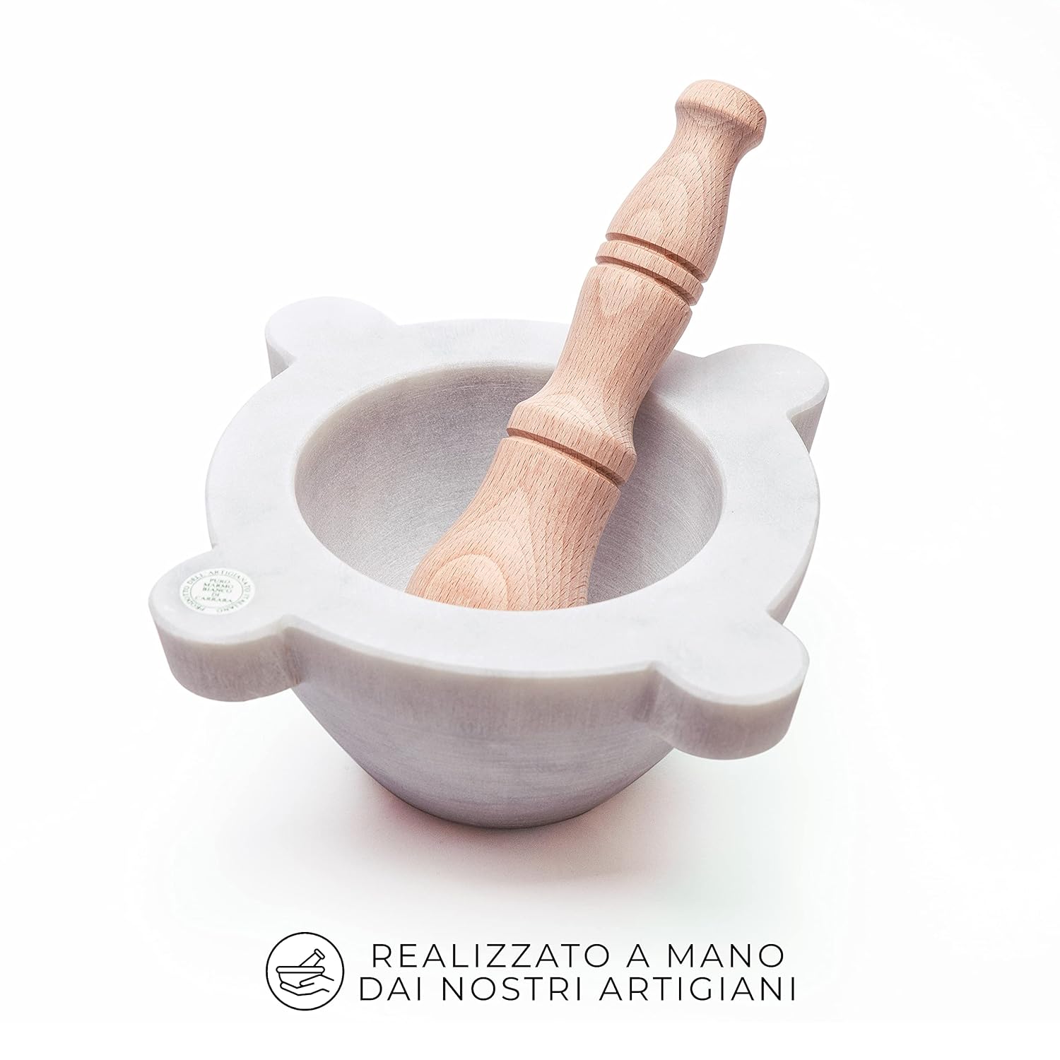 Mortaio Marmo Bianco Carrara Bembo con Pestello Legno - immagine 4