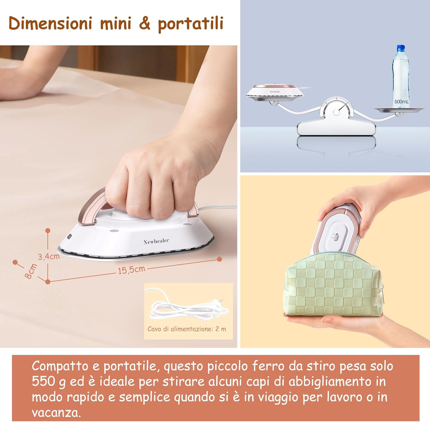 Newbealer Ferro da Stiro da Viaggio Mini Portatile, Oro - immagine 4