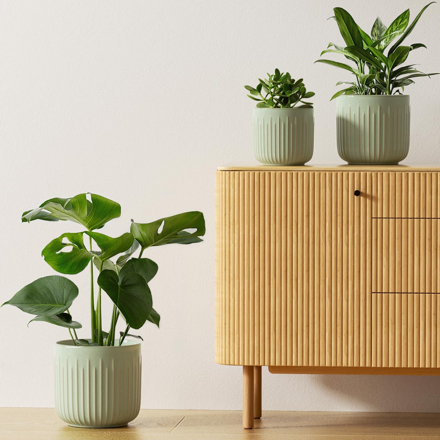 LE TAUCI Set 3 Fioriere in Ceramica Scanalate Verde Salvia