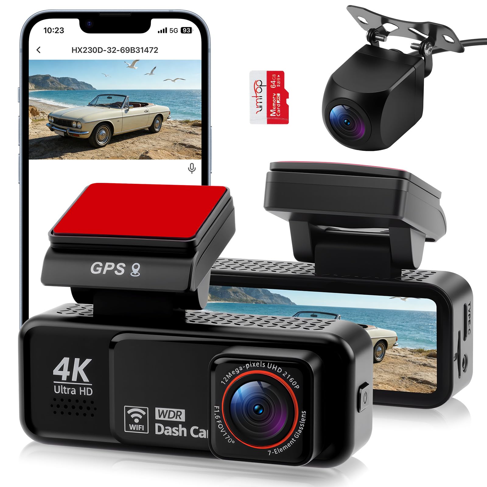 Dash Cam 4K+2K Anteriore/Posteriore con Scheda 64GB
