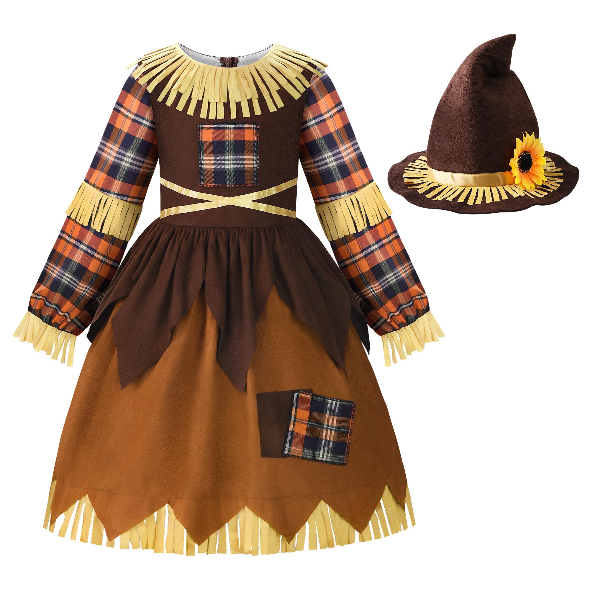 ReliBeauty Costume Spaventapasseri Patchwork Vestito Spaventapasseri Halloween Bambina con Cappello, 3-12 Anni