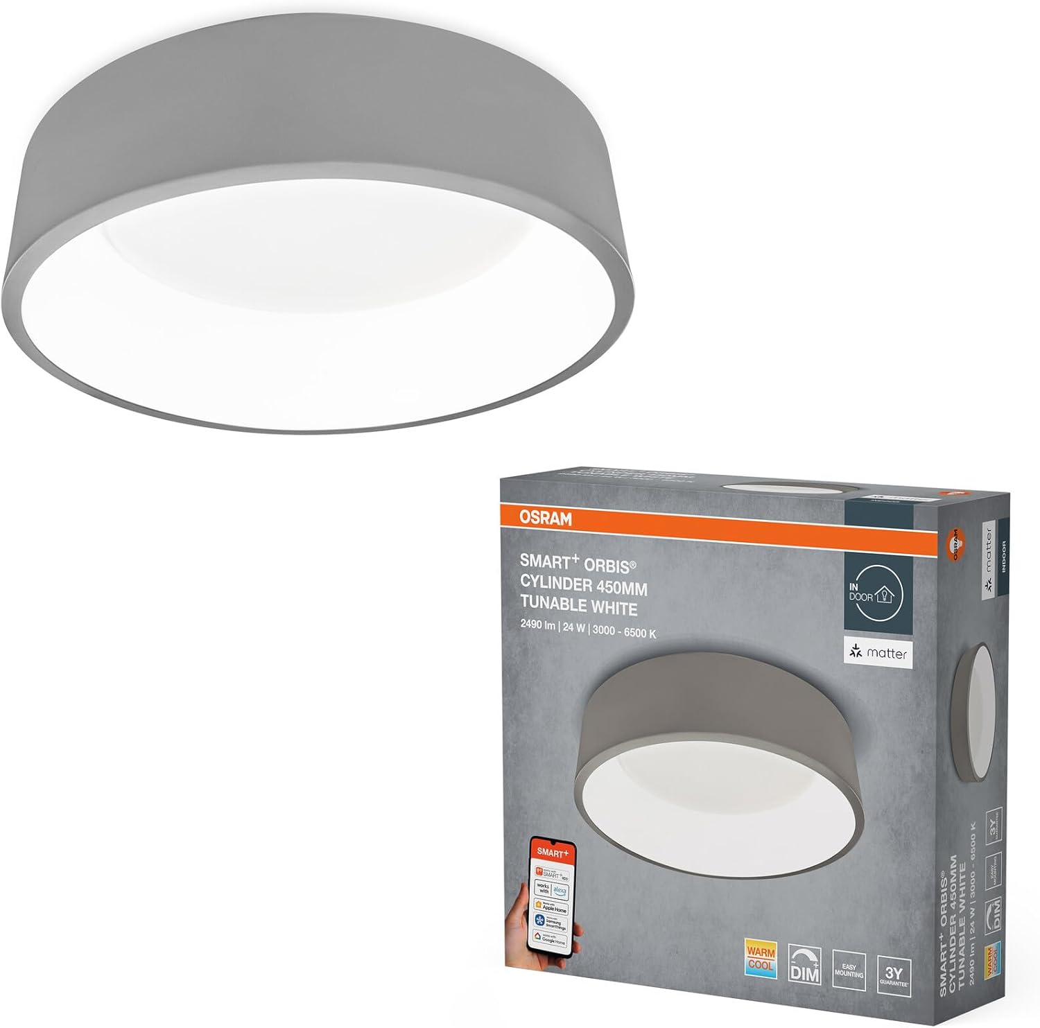 Osram SMART+ Matter Cilindro Plafoniera LED Grigia 450mm - immagine 1