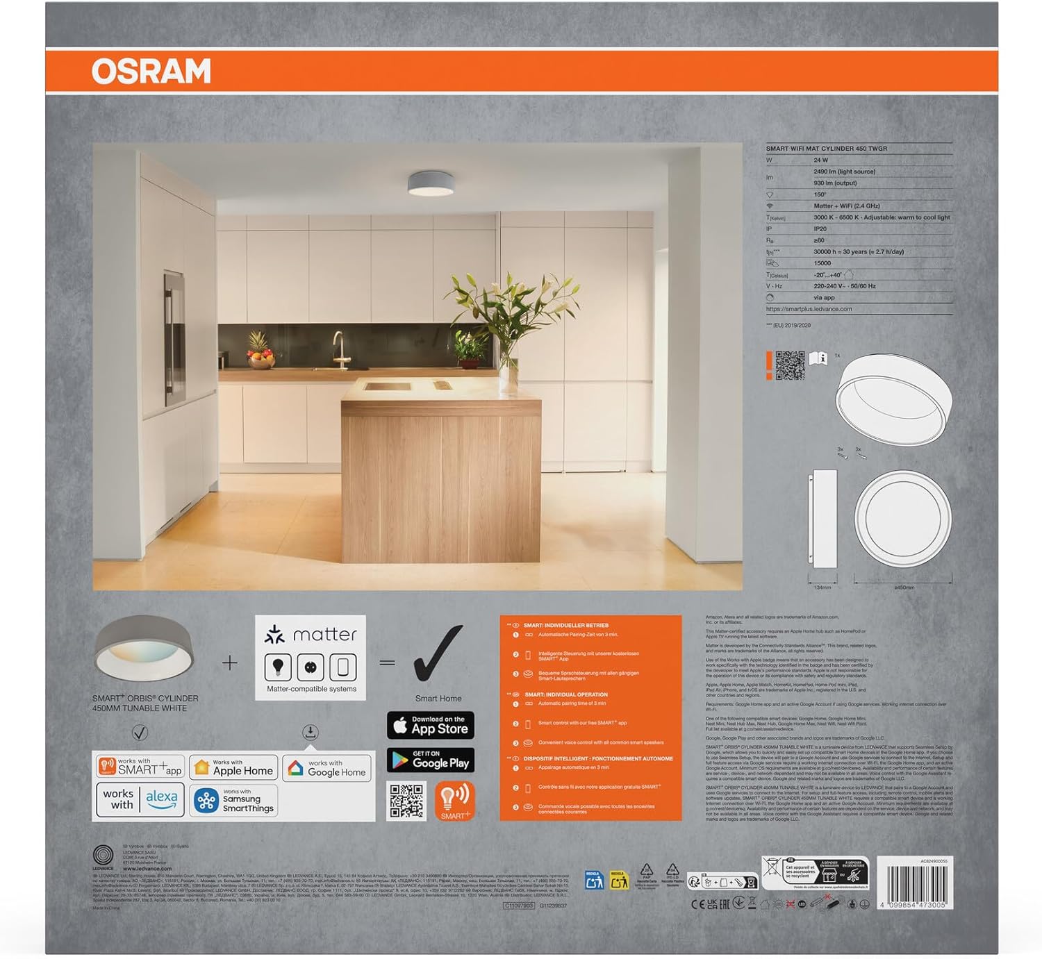 Osram SMART+ Matter Cilindro Plafoniera LED Grigia 450mm - immagine 7