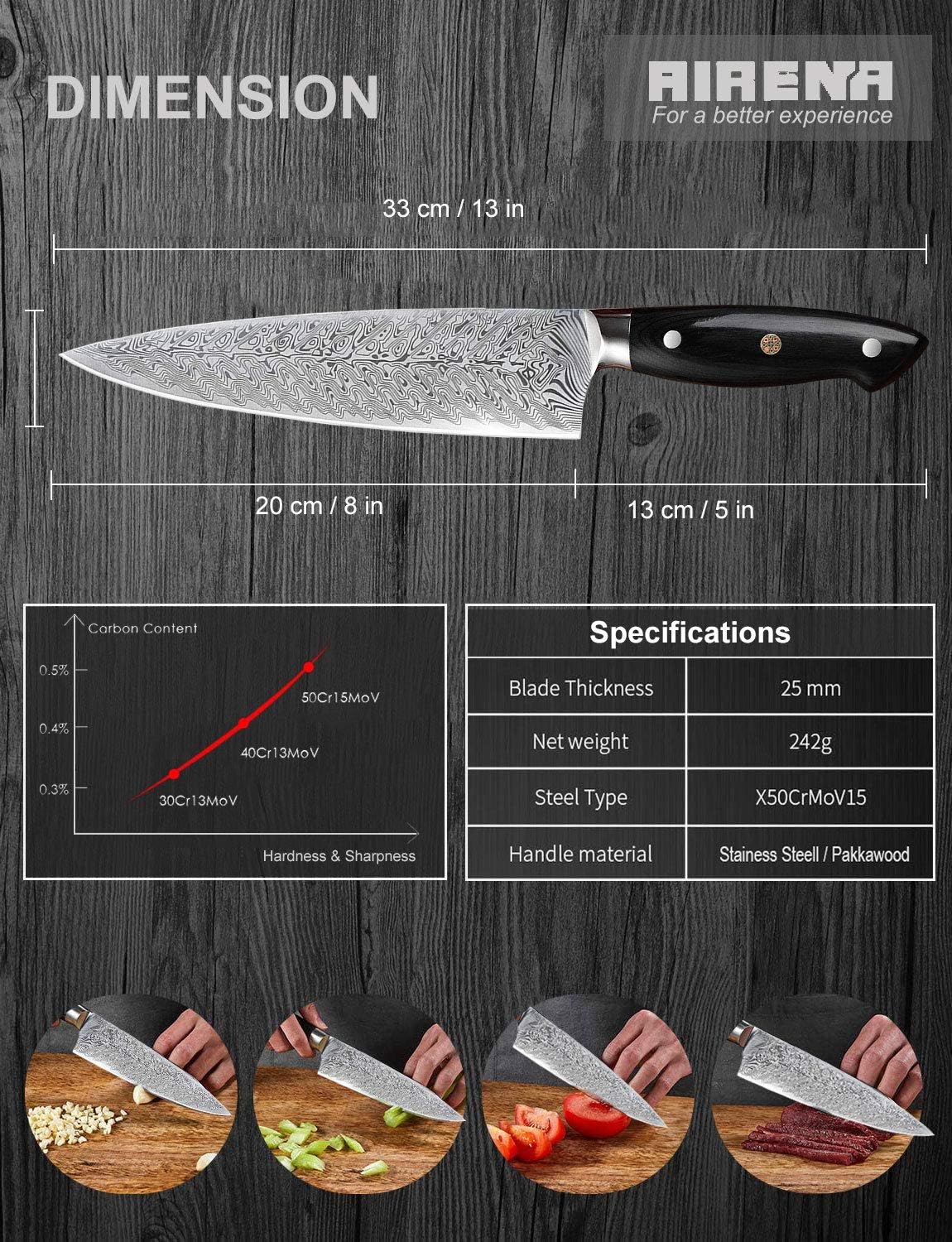 Airena Coltello da Chef Professionale 8" Acciaio Inox - immagine 6