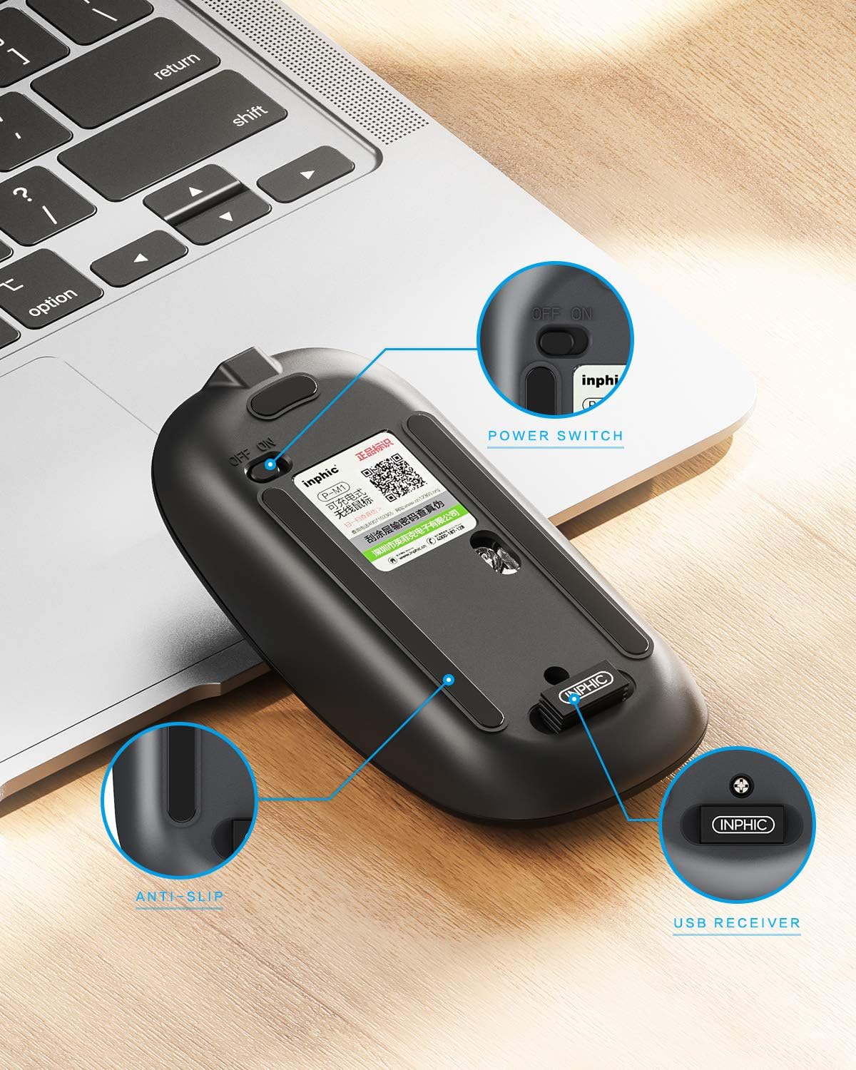 Inphic Mouse Wireless Ricaricabile 2.4G, Nero - immagine 3